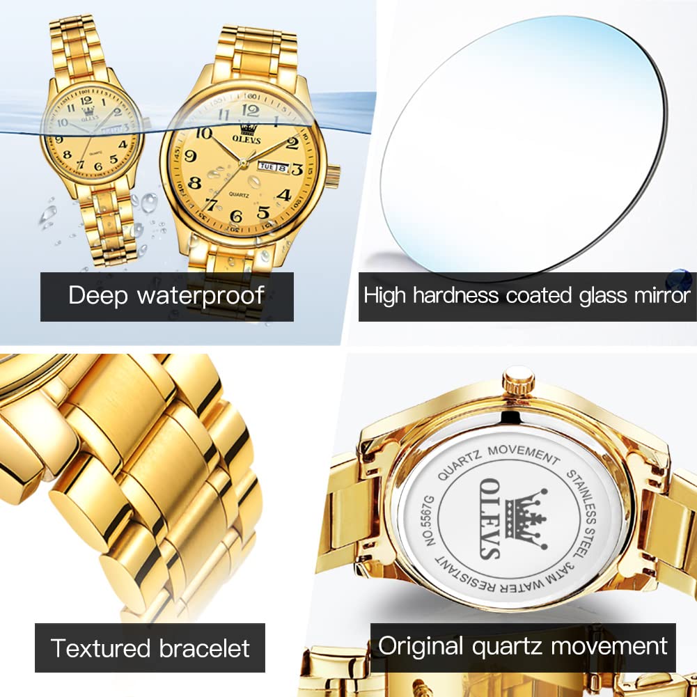OLEVS Valentine's Day Couple Watches Set - His and Hers Stainless Steel Quartz Watches with Luminous Hands, Date Window & 3ATM Waterproof - Perfect Romantic Gift for Wedding, Anniversary & Special Occasions
