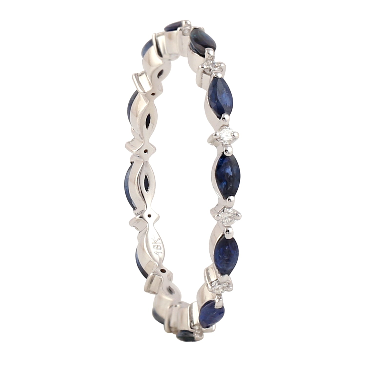18K White Gold Marquise Cut Blue Sapphire Prong Diamond Band Ring for Women - Elegant Engagement, Wedding, Anniversary Jewelry Gift - Perfect for Special Occasions & Everyday Wear