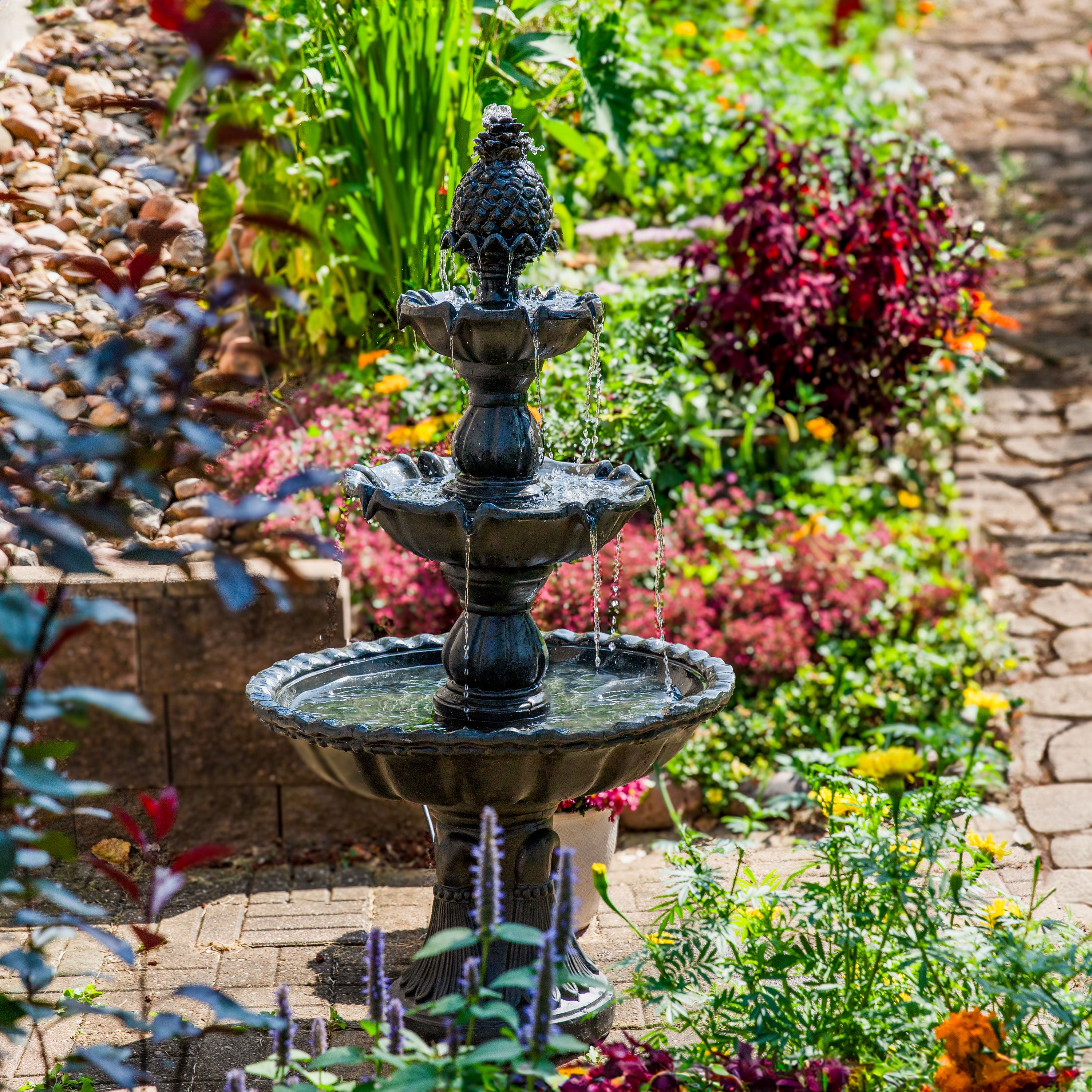 Sunnydaze 3-Tier Outdoor Water Fountain for Garden - Relaxing Garden Decor with Cascading Waterfall - Perfect for Patio, Yard, and Backyard Landscaping