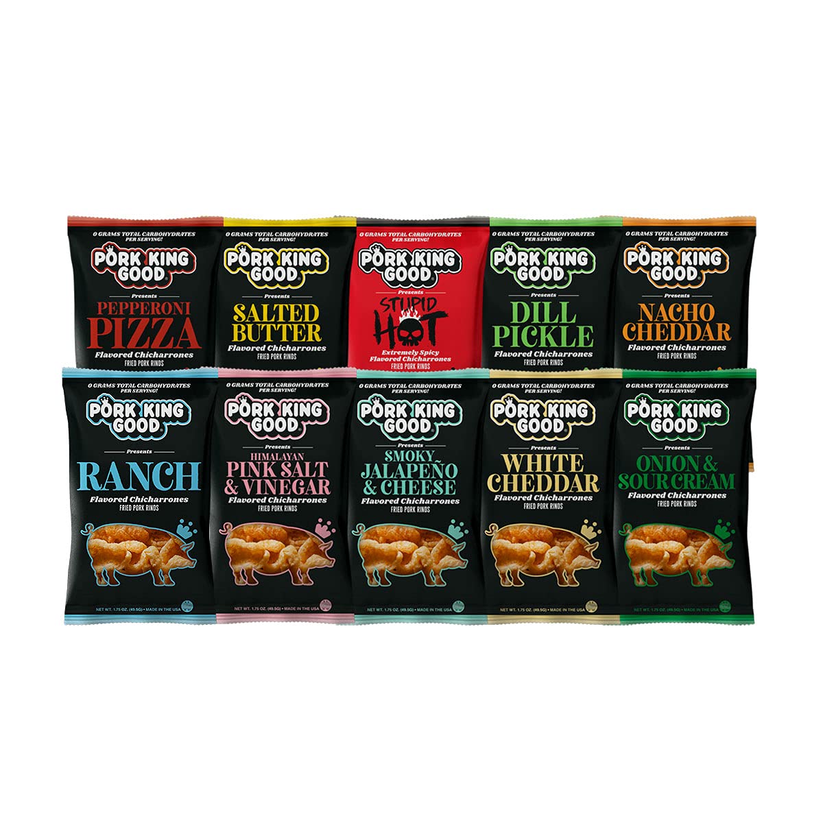 Pork King Good Pork Rinds Variety 10 Pack - Keto Friendly Chicharrones Snacks for Low Carb Diet | Perfect for Office, Gym & Movie Night Snacking