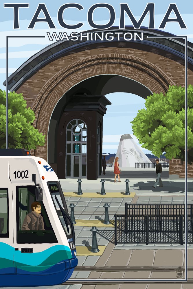Tacoma Washington Lightrail & History Museum Arch 33378 - 24x36 Signed Art Print Poster, Wall Decor for Home & Office - Perfect for Pacific Northwest Theme Rooms, Urban Art Collections