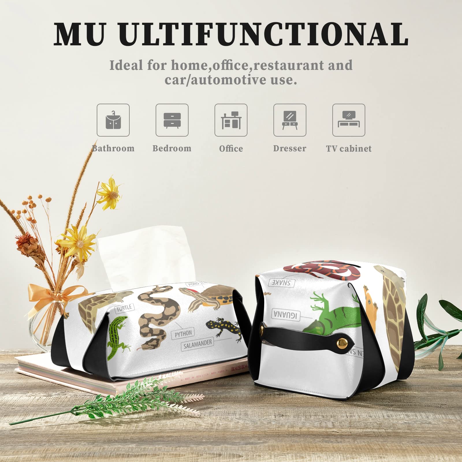 Premium Leather Tissue Box Cover for Reptile Lovers - Green & Brown Square Design with Handle for Frog, Iguana, Lizard, Snake, Newt & Turtle Enthusiasts - Perfect for Bathroom, Home, Nightstand, Vanity, Office Desk & Car (5.7x5.7x5.7 Inches) - Ideal Gift for Pet Owners & Reptile-Themed Decor