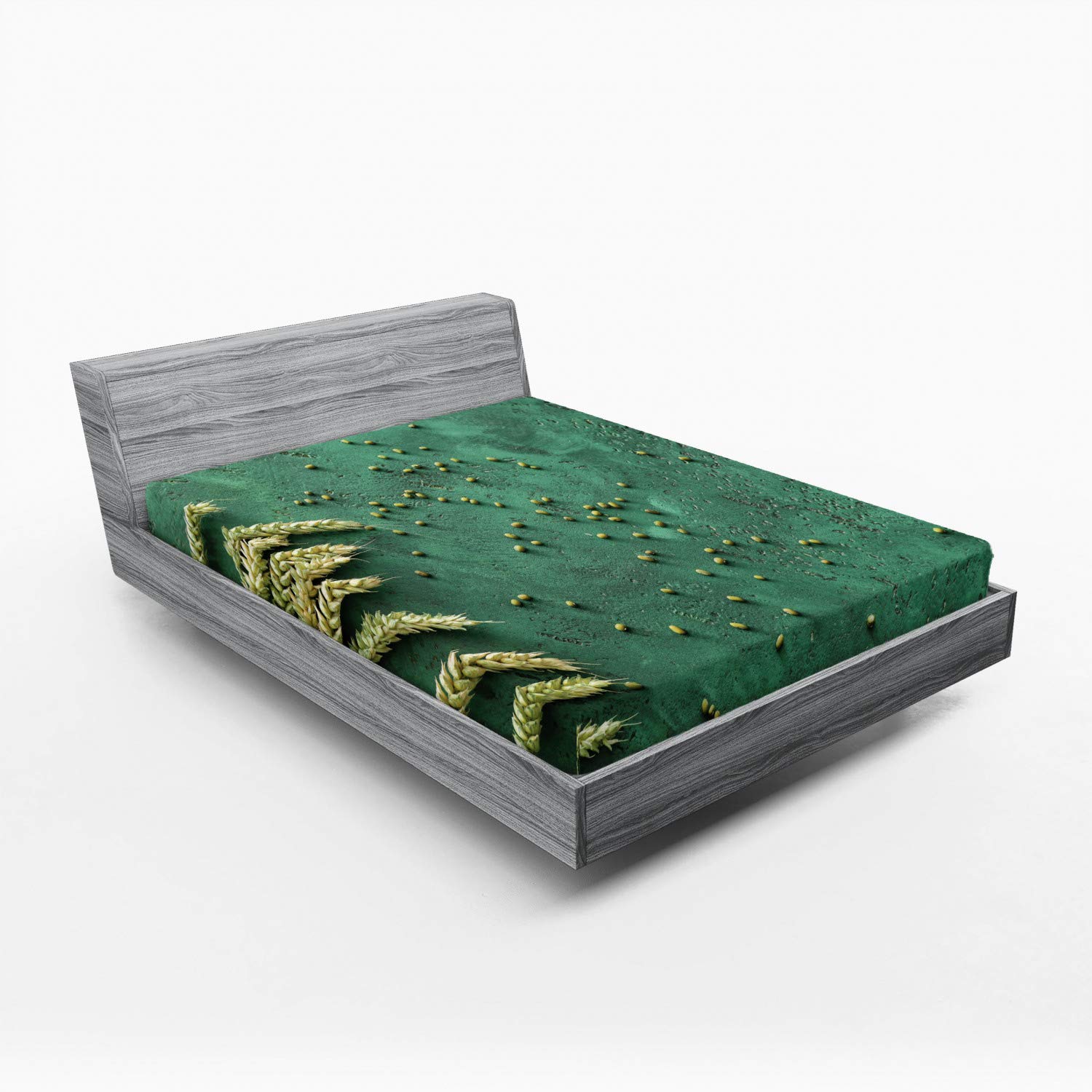 Ambesonne Natural Color Fitted Sheet - Full Size Deep Pocket Bed Cover with All-Round Elastic, Agriculture Themed Wheat Photo on Grunge Backdrop in Jade Green & Olive Green | Perfect for Farmhouse, Rustic or Country Style Bedroom Decor