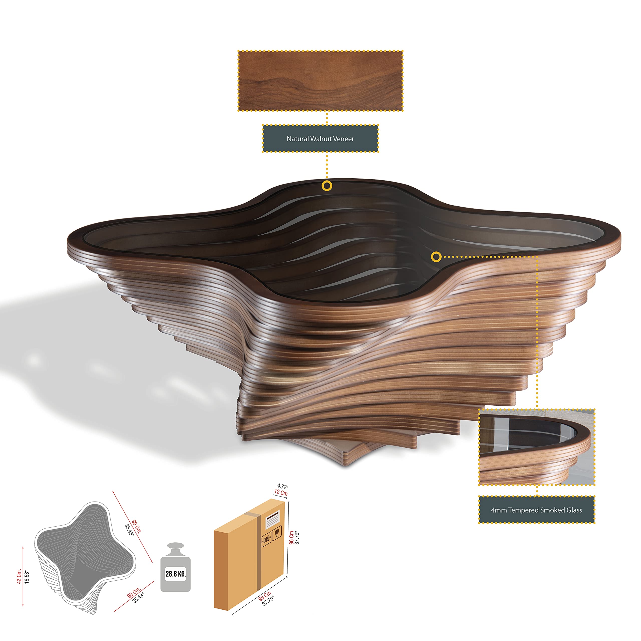 Modern Coffee Table with Natural Walnut Veneer & Tempered Glass Top - Layered Wave Design Rustic Wood Living Room Table - Luxury Home & Office Decor - Perfect for Contemporary Living Rooms, Offices and Lounge Areas