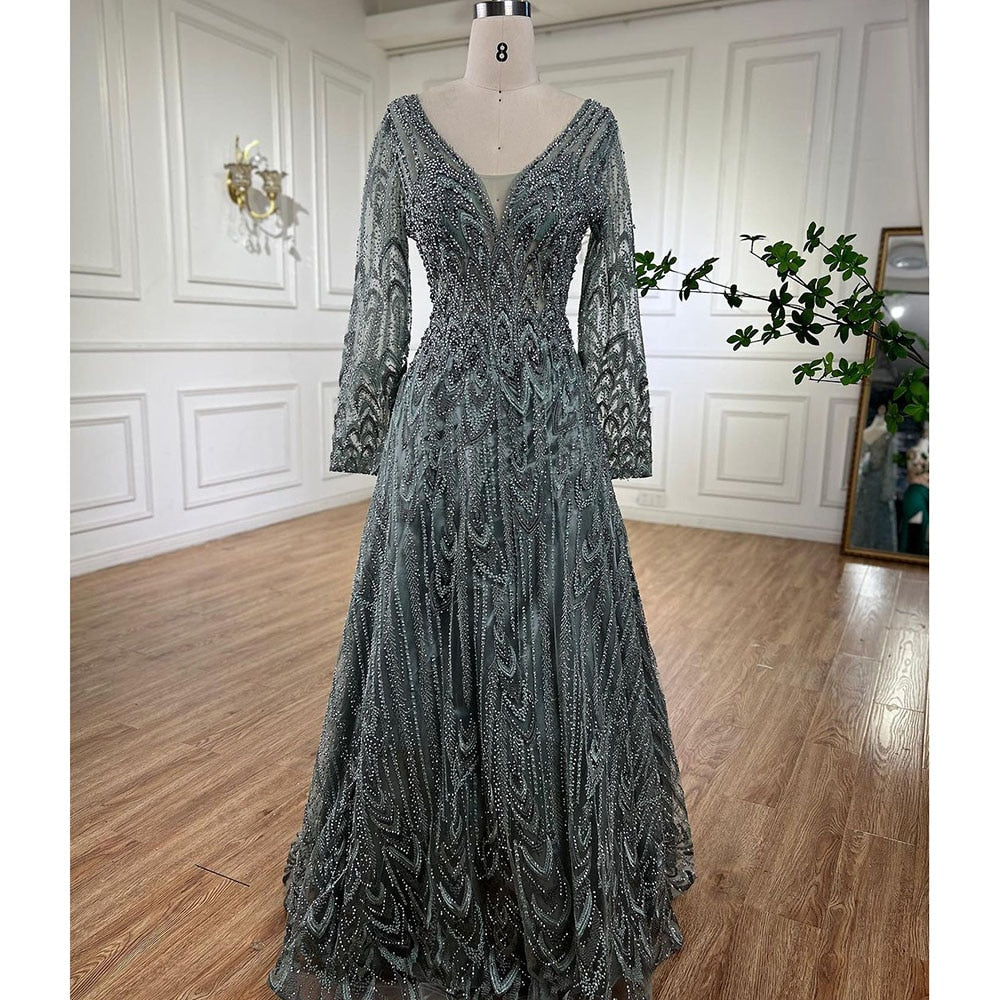 Luxury Beaded Turquoise A-Line Midi Evening Dress for Women - Muslim Formal Gown for Wedding & Party - Serene Hill Collection LA72122 | Elegant Occasion Wear for Special Events