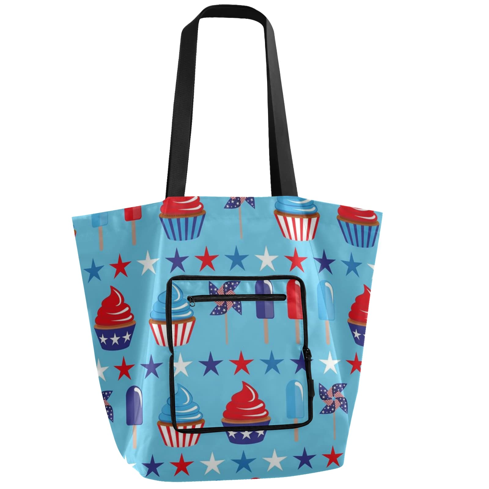 Eco-Friendly Reusable Grocery Bags - Foldable Heavy Duty Polyester Tote with Cupcake Pattern & July 4th Print - Perfect for Shopping, Groceries, Picnics & Storage