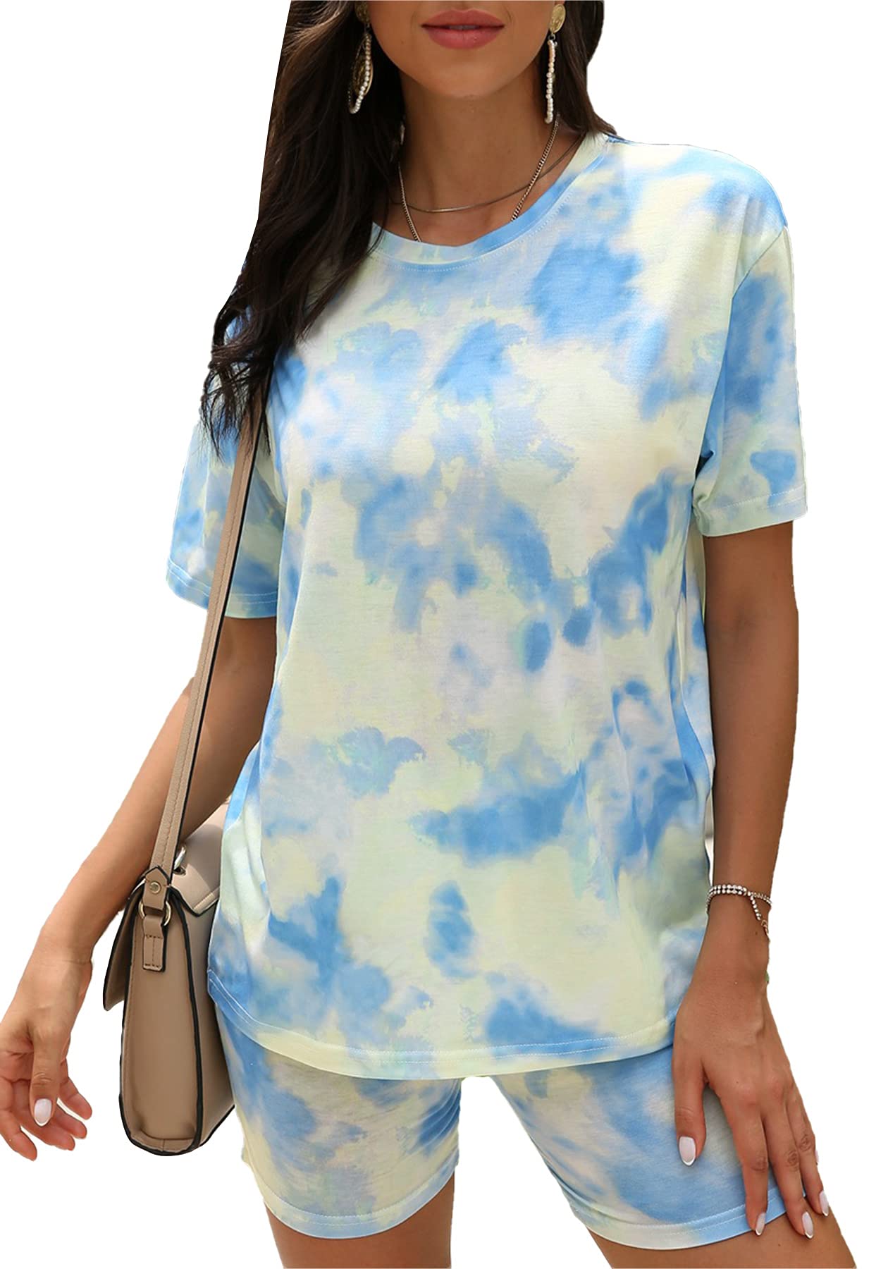 LAJIOJIO Women's 2-Piece Casual Outfit Set - Trendy Tie-Dye Short Sleeve Top & Comfortable Sweat Shorts | Summer Lounge Wear, Beach Vacation Outfit, Street Style Fashion