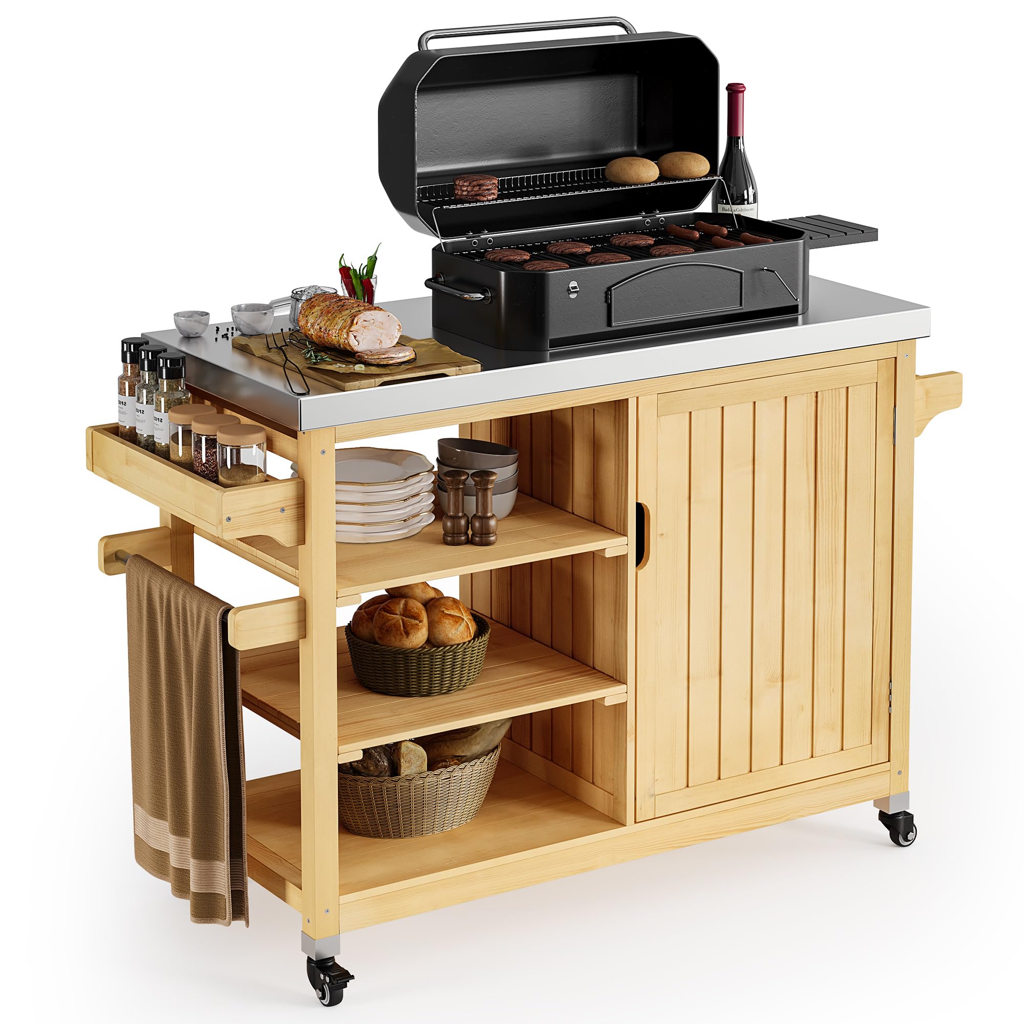YITAHOME XL Solid Wood Outdoor Grill Cart with Stainless Steel Table Top & Spice Rack - 53.74
