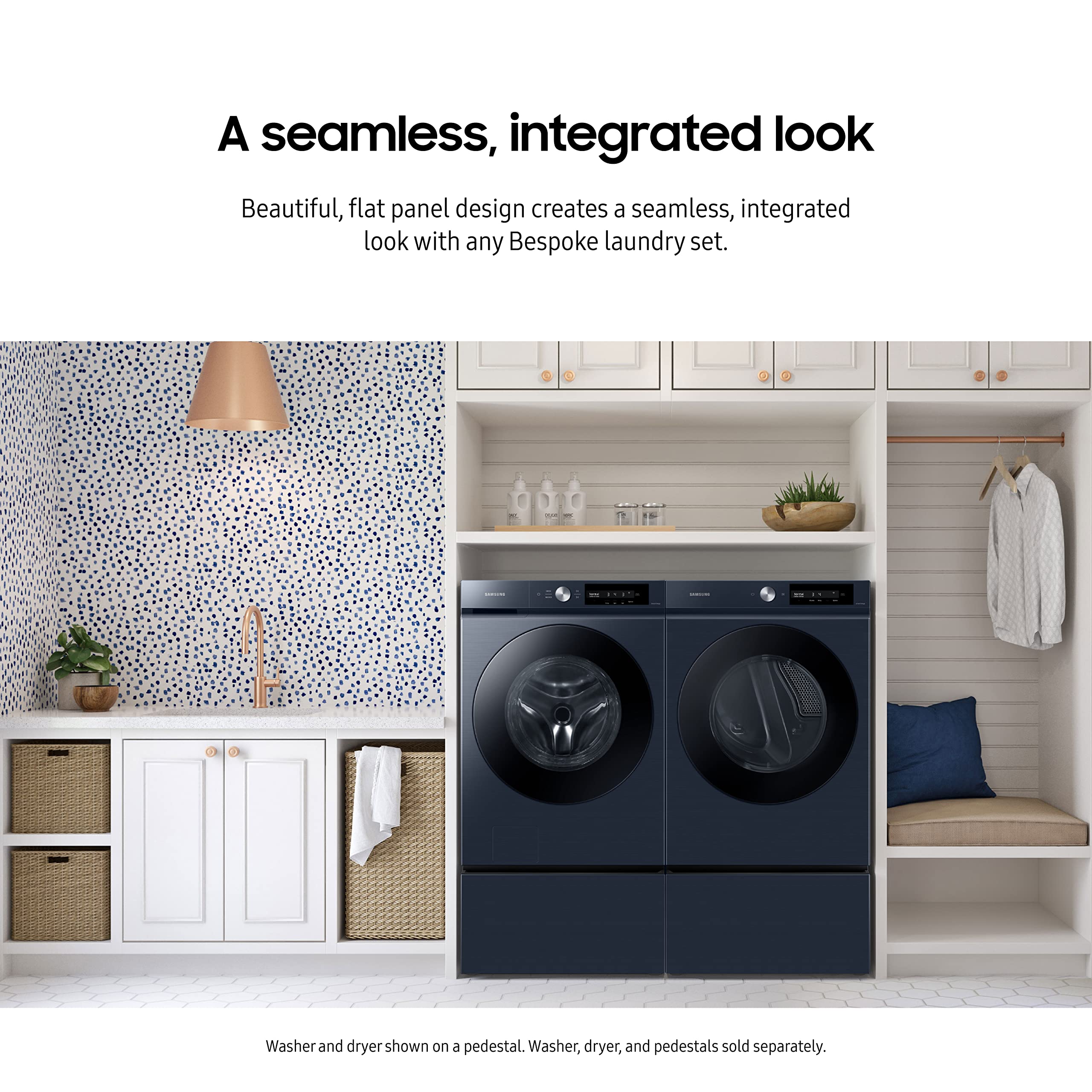 Samsung 27-Inch Bespoke Front Load Washer Dryer Pedestal Stand with Pull-Out Laundry Storage Drawer | WE502ND | Brushed Navy | Space-Saving Laundry Room Organization for Small Homes & Apartments