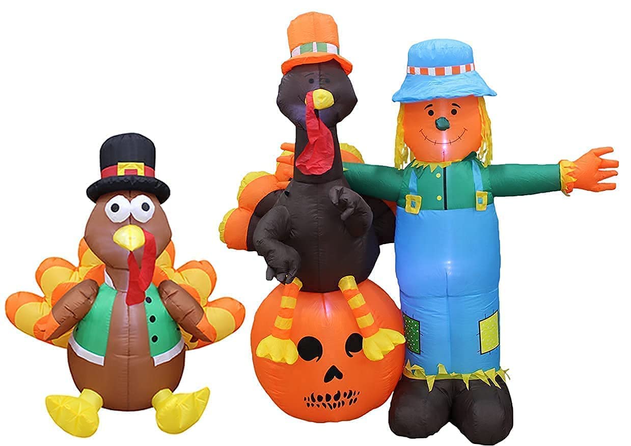 Thanksgiving Inflatable Decorations Set - 4FT Giant Inflatable Turkey with Pilgrim Hat & 6FT Tall Scarecrow with Pumpkin - Outdoor/Indoor LED Lighted Blow Up Decor for Yard, Porch, Party, Holiday Celebration