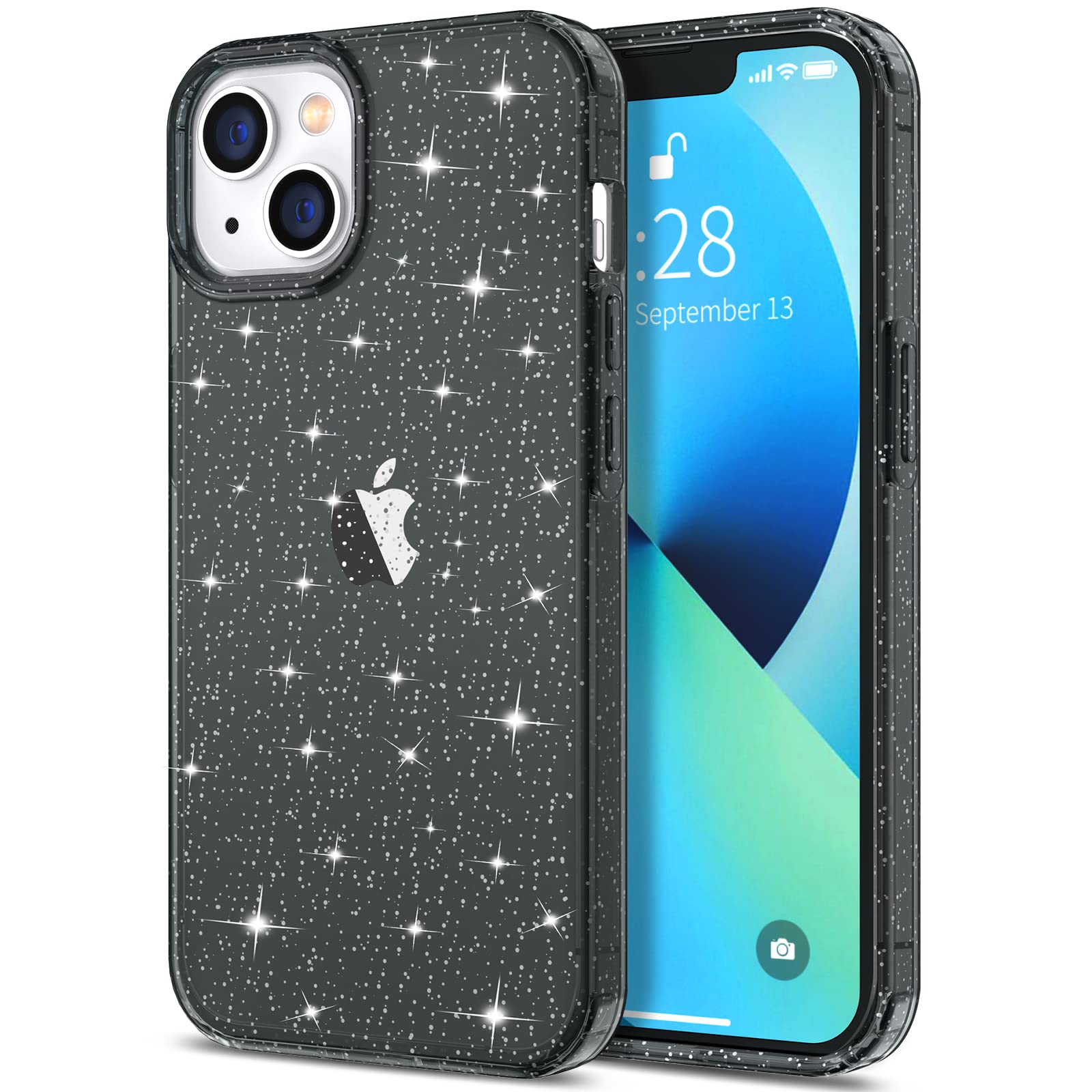 Hython Glitter Case for iPhone 13 - Sparkly Clear Protective Phone Cover with Anti-Scratch TPU, Slim Fit Shockproof Design for Women & Girls (Black Glitter) - Perfect for Everyday Use, Parties, and Gifts
