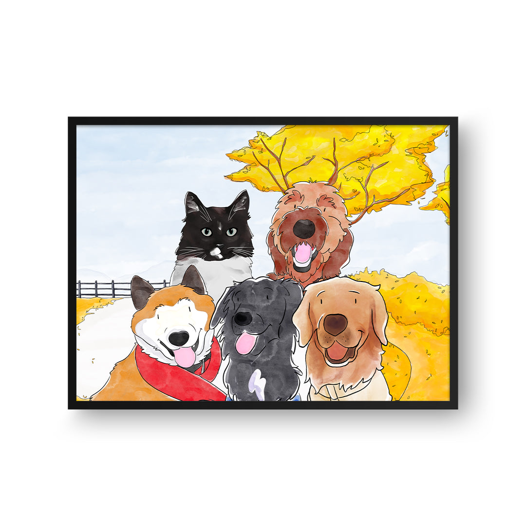 Custom Watercolor Pet Portrait - Personalized 5 Pets Framed Art Print - Perfect for Home Decor, Gifts & Pet Lovers