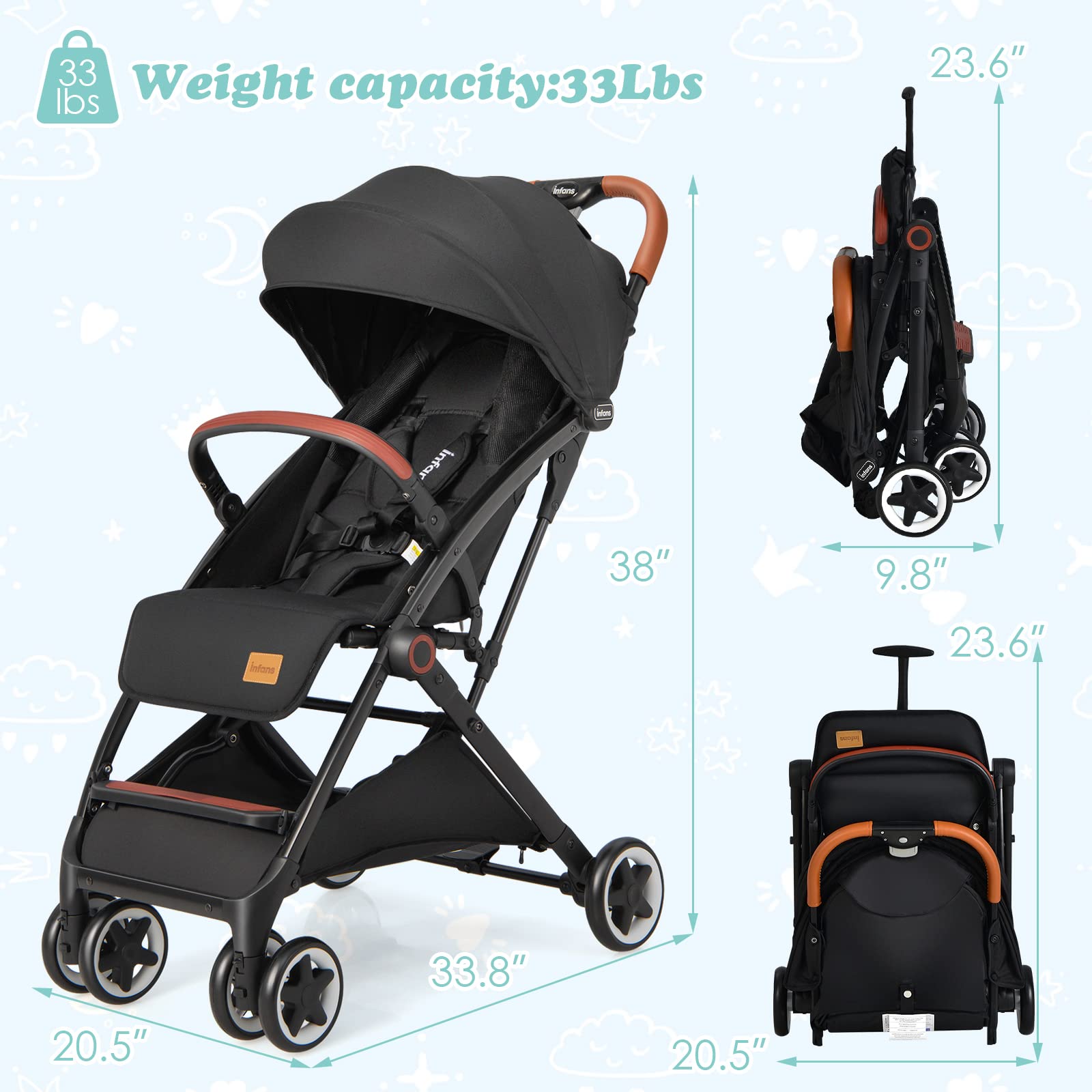 INFANS Lightweight Baby Stroller - Compact Travel Stroller with One-Hand Fold, Cup Holder, 5-Point Safety Harness & Adjustable Canopy for Infants 0-36 Months | Perfect for Airplane Travel, Shopping & Daily Walks