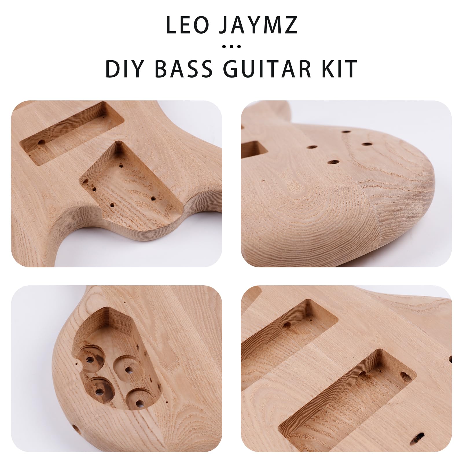 Leo Jaymz DIY Electric Bass Guitar Kit - Roasted Ash Body, Maple Neck & Ebony Fingerboard - 4-String Bass Guitar with All Components - Perfect for Beginners, Home Recording & Live Performances