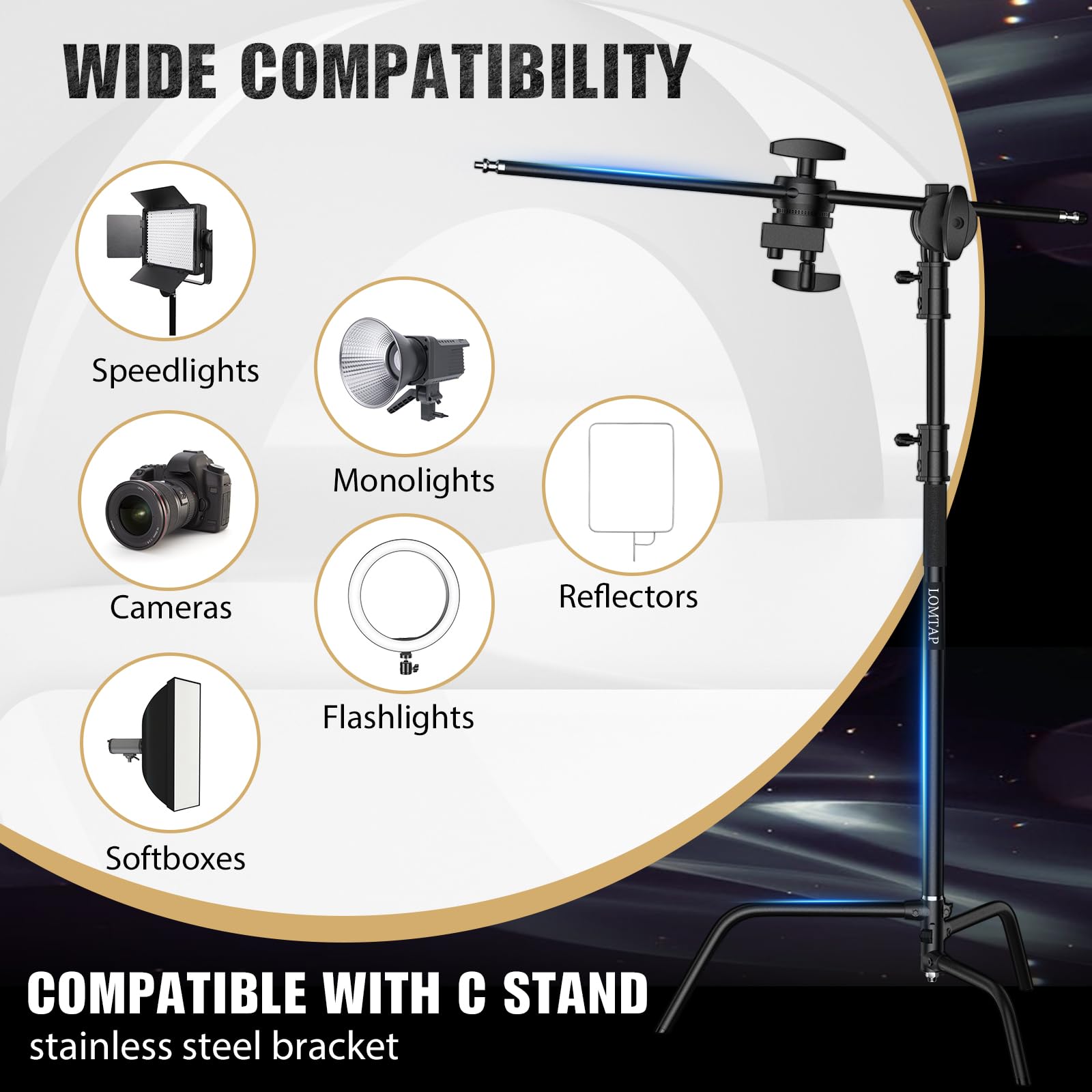 LOMTAP Heavy Duty 10.8ft C Stand with Boom Arm - Professional Stainless Steel Photography Light Stand Kit (330cm Vertical Pole, 128cm Boom Arm, Adjustable Base, Sandbag, 2 Grip Heads, 3 Clips) for Studio, Video, Photography, Softbox & Reflector Setup