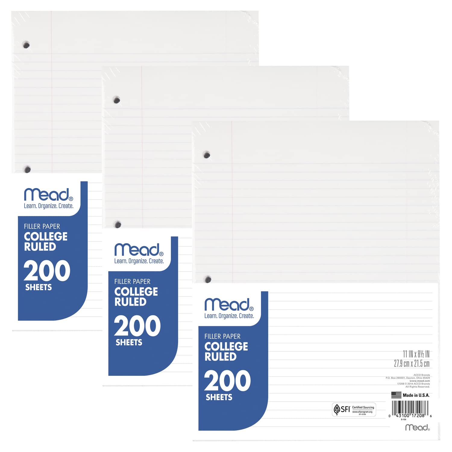 Mead Loose Leaf Paper, 3 Pack College Ruled Filler Paper - 8.5 x 11 Inches, 200 Sheets per Pack (73189) - Perfect for School, Office & Homework Organization