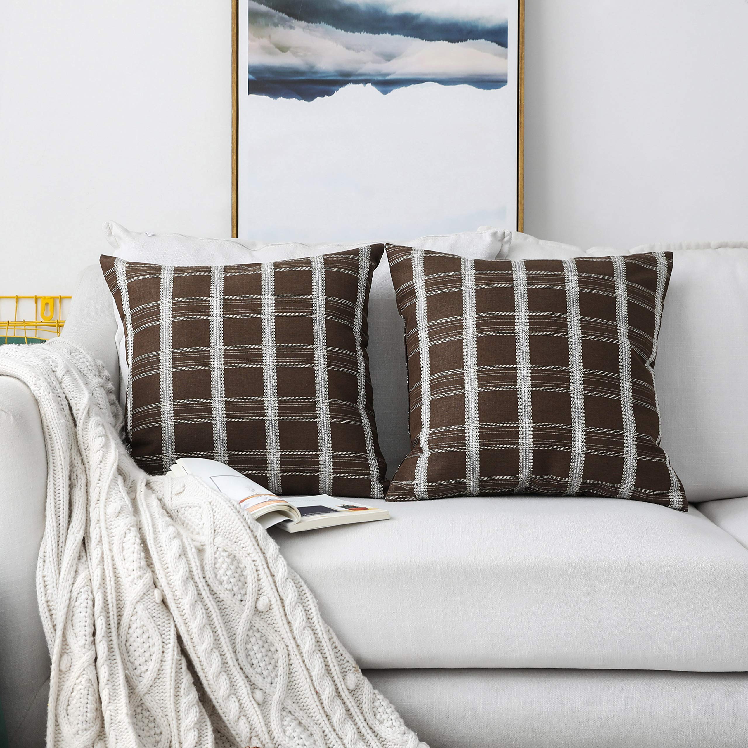 Farmhouse Linen Throw Pillow Covers Set of 2 - 18x18 Inch (45x45cm) Brown Square Decorative Pillow Cases for Couch, Sofa & Bedroom - Soft Textured Home Decor Accent Pillows for Living Room & Guest Room