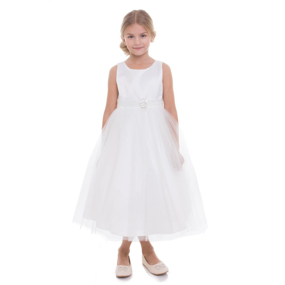 Ivory Satin Junior Bridesmaid Dress for Big Girls - Size 8-12 | Elegant Brooch Detail | Perfect for Weddings, Prom & Formal Events