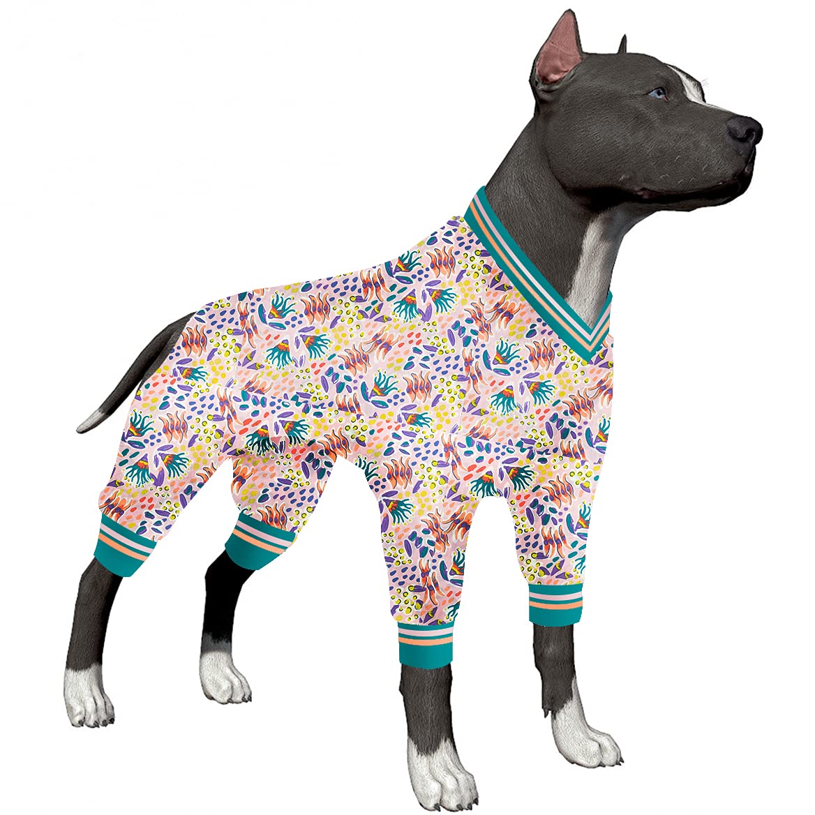 LovinPet Dog Pajamas for Large Dogs - Soft Pullover Pjs with High Collar for Post-Surgery Recovery & Anxiety Relief - Stretchy Coastal Print Dog Jumpsuit for Comfortable Sleep and Indoor Lounging