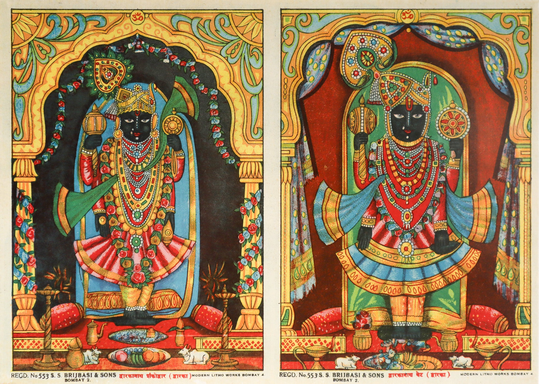 Vintage 1920 Indian Offset Lithography - Goddess Kali in Dwarka, Black God in Temple - S.S. Brijbasi & Sons Press | Hindu Religious Art Print for Home Altar & Spiritual Decor