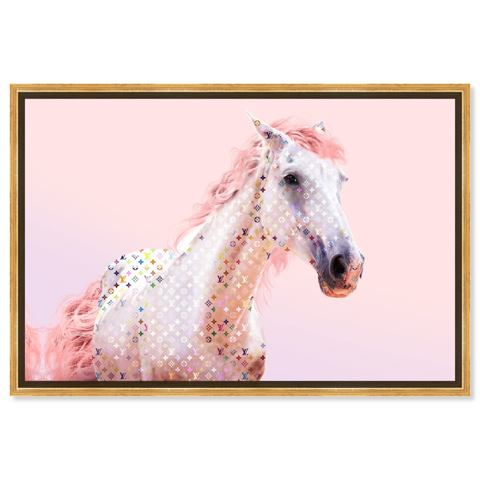 Oliver Gal Pink Glam Horse Country Farmhouse Canvas Print - 24x16 Inch Gold Framed Wall Art Painting, Rustic Home Decor for Living Room, Bedroom & Office