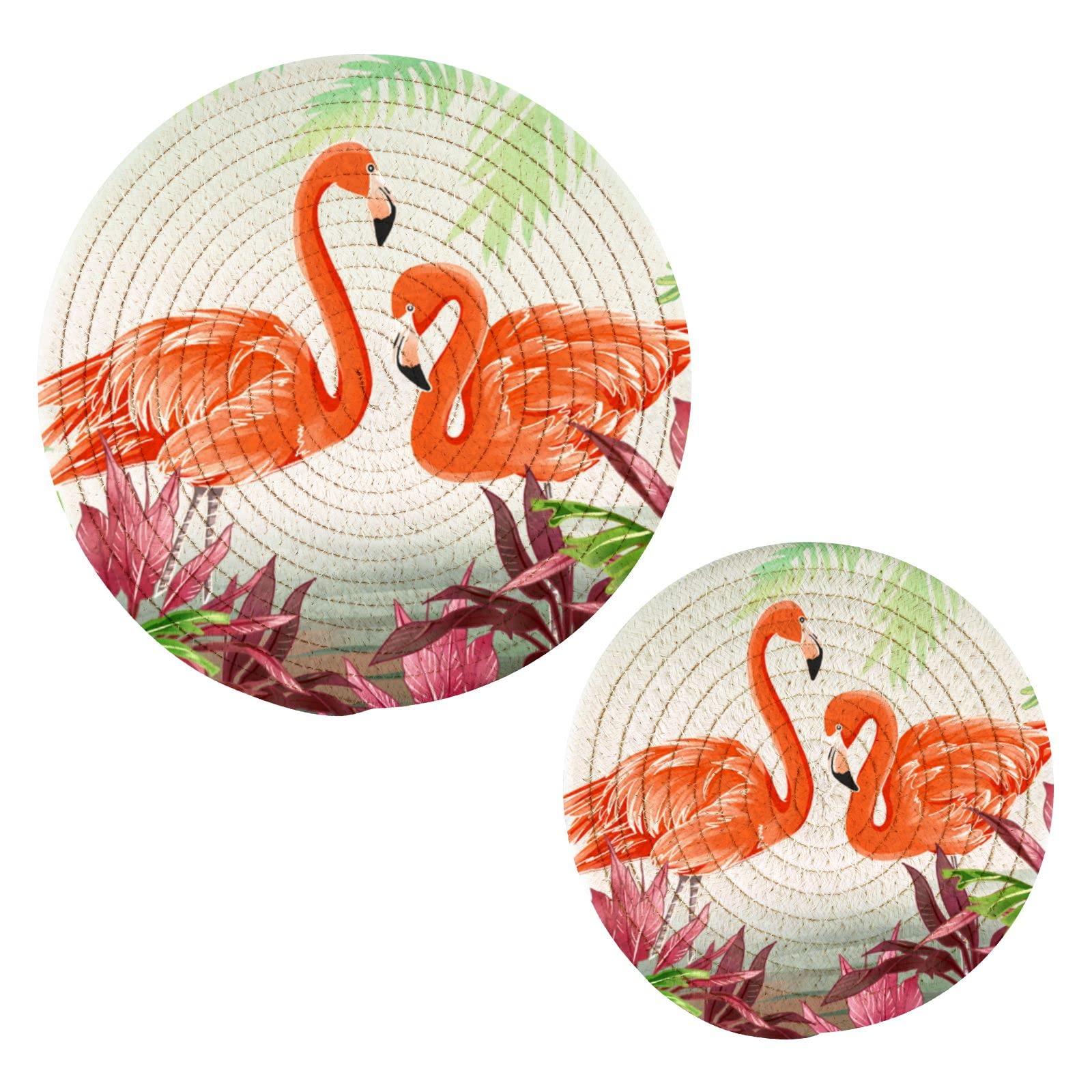 Flamingo Jungle Pot Holders Set of 2 - Heat Resistant Kitchen Potholders & Trivets for Hot Pans, Pots, Bowls - Thread Woven Coasters for Cooking, Baking & Home Decor - Perfect for Kitchen, Dining & Outdoor BBQ Use