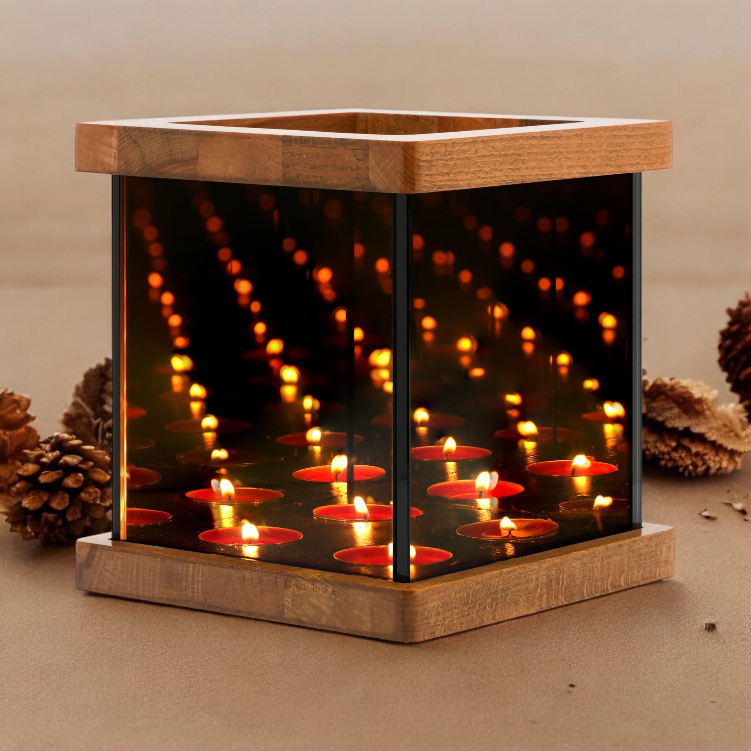 Infinity Mirror Tea Light Holder - Glass Hurricane Candle Holder with Wood Base | Unique Infinity Cube Night Light for Table Decor, Wedding Gifts, Bedroom Lighting & Rustic Home Decor | Perfect for Romantic Dinners, Spa Relaxation & Holiday Centerpieces