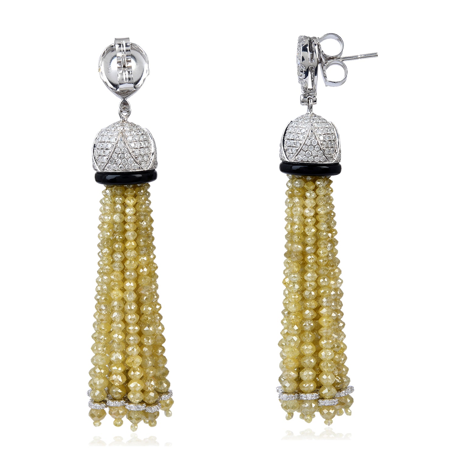 Faceted Ice Diamond Round Onyx Studded Tassel Earrings in White Gold - Elegant Jewelry Gift for Women, Wife, Girlfriend - Perfect for Weddings, Anniversaries & Special Occasions