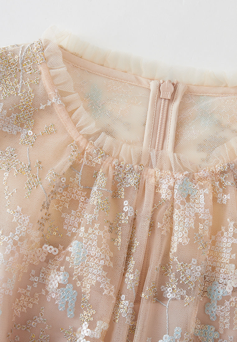 Elegant Mesh Dress with Ruffled Trim, Cross Stitch & Sequin Details - Perfect for Evening Parties, Weddings & Special Occasions