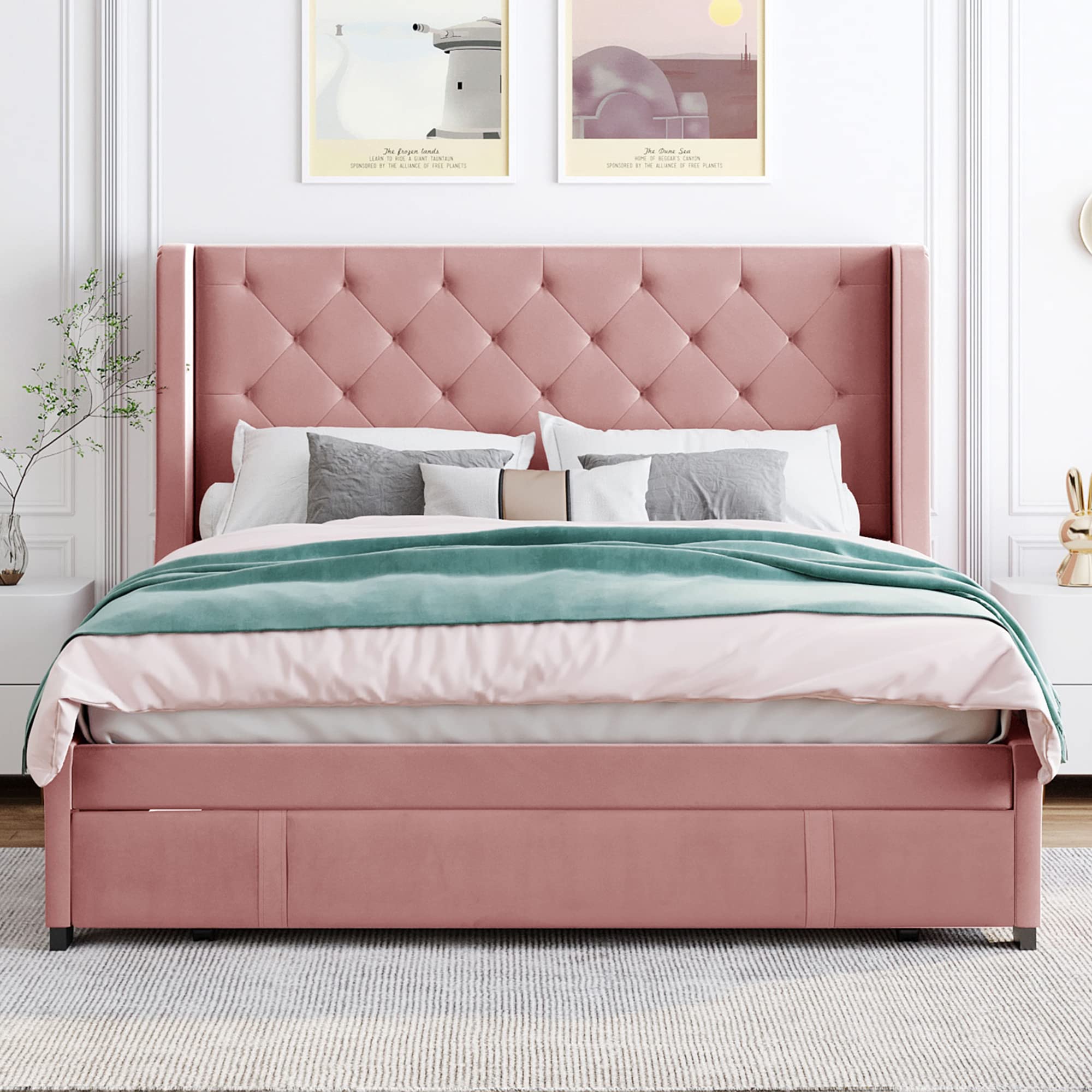 Harper & Bright Designs Queen Size Velvet Upholstered Platform Bed with Storage Drawer & Wingback Headboard - No Box Spring Needed, Pink - Perfect for Bedroom, Guest Room & Small Space Living