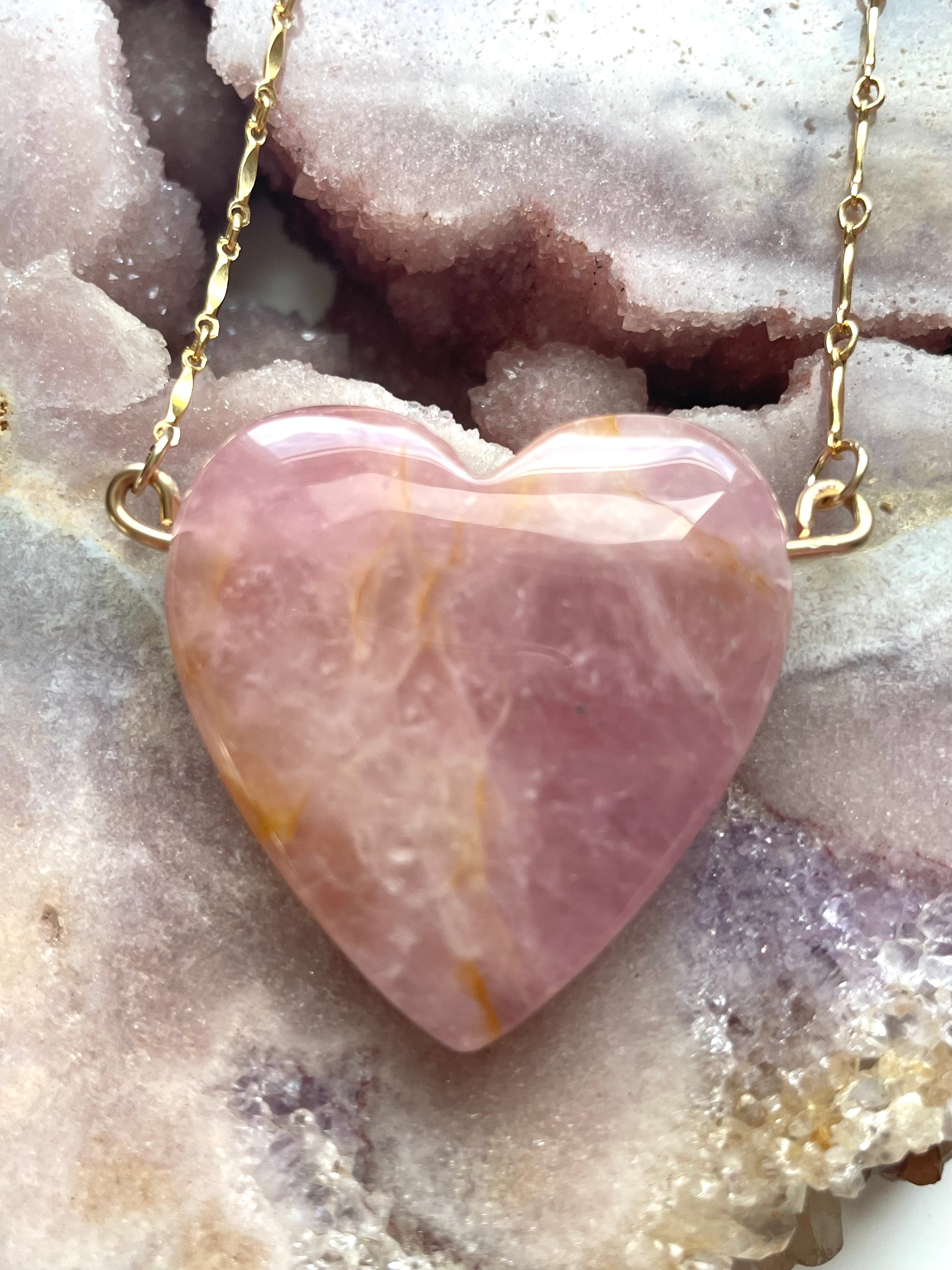 Large Rose Quartz Heart Necklace in Gold Fill - Perfect for Valentine's Day Gifts, Spiritual Healing & Everyday Elegance