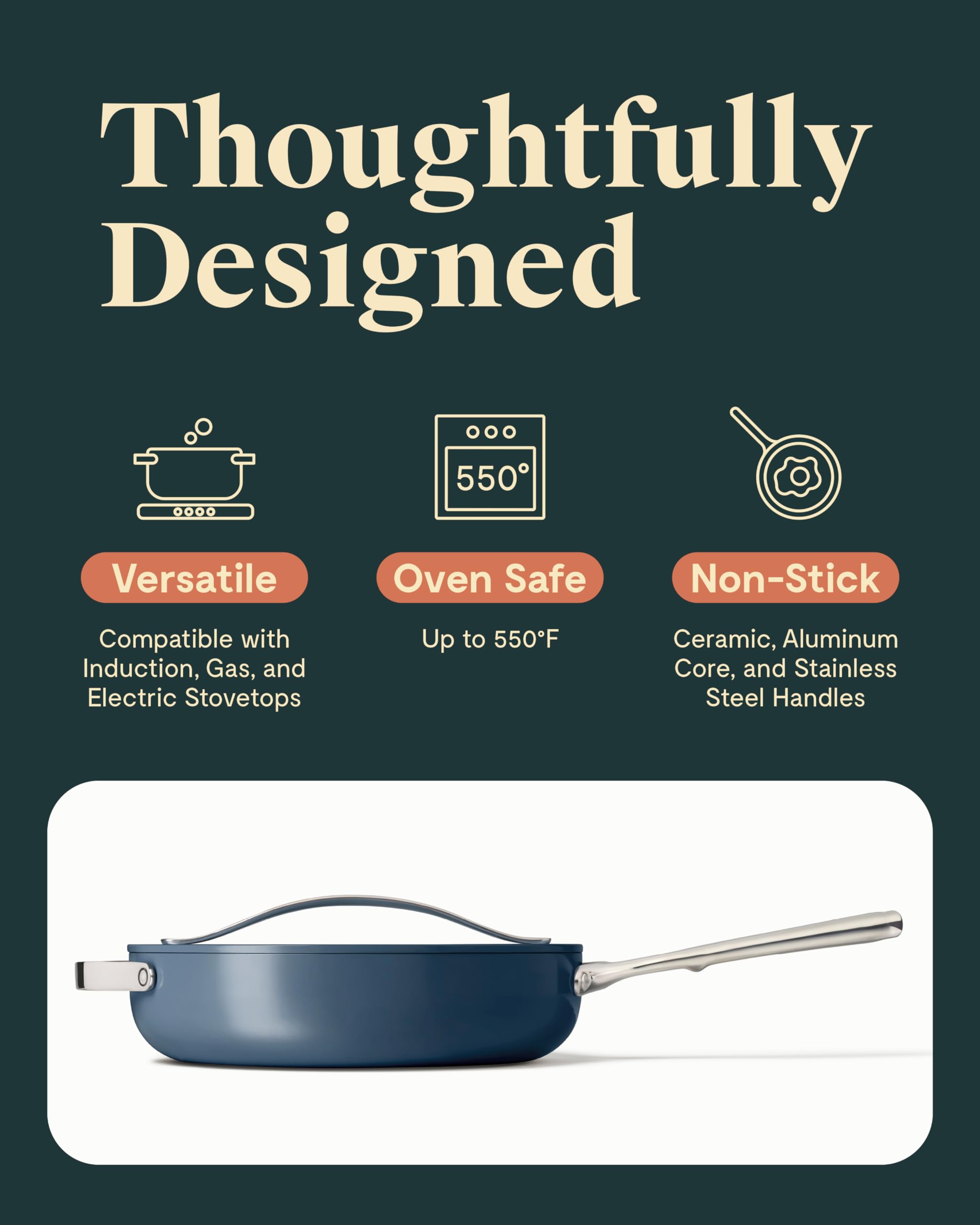Caraway Nonstick Ceramic Sauté Pan with Lid - 4.5 Quart (11.8 Inch) Oven Safe Cookware - PTFE & PFOA Free, Non Toxic - Works on Gas, Electric & Induction Stovetops - Navy Blue - Perfect for Sautéing, Frying & Baking Healthy Meals