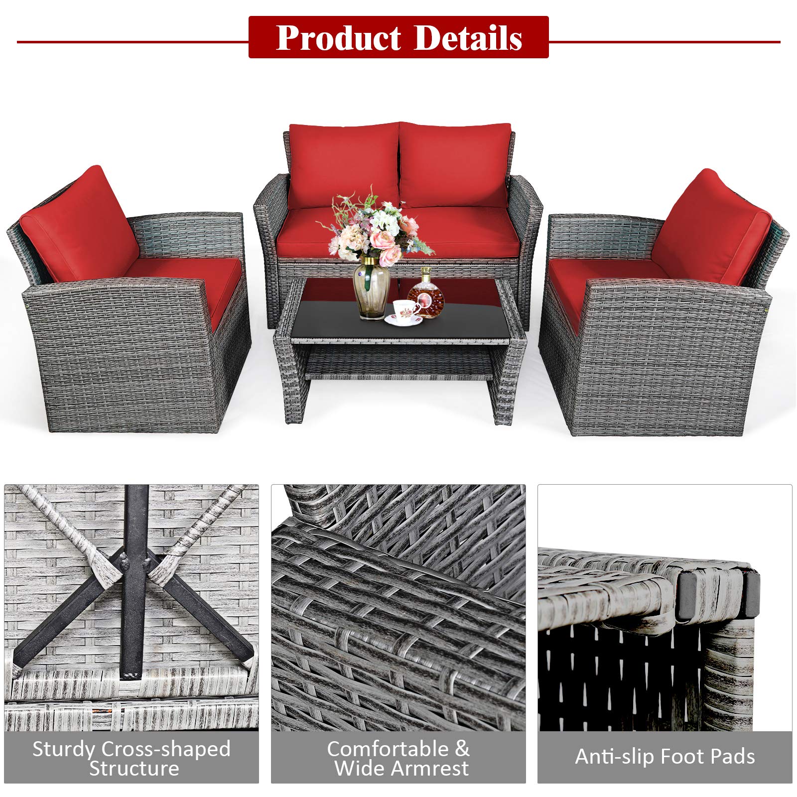 Tangkula 4-Piece All-Weather Outdoor Patio Furniture Set - Wicker Rattan Sectional Sofa with Cushions & Tempered Glass Table - Perfect for Backyard, Garden, Poolside, and Outdoor Conversations