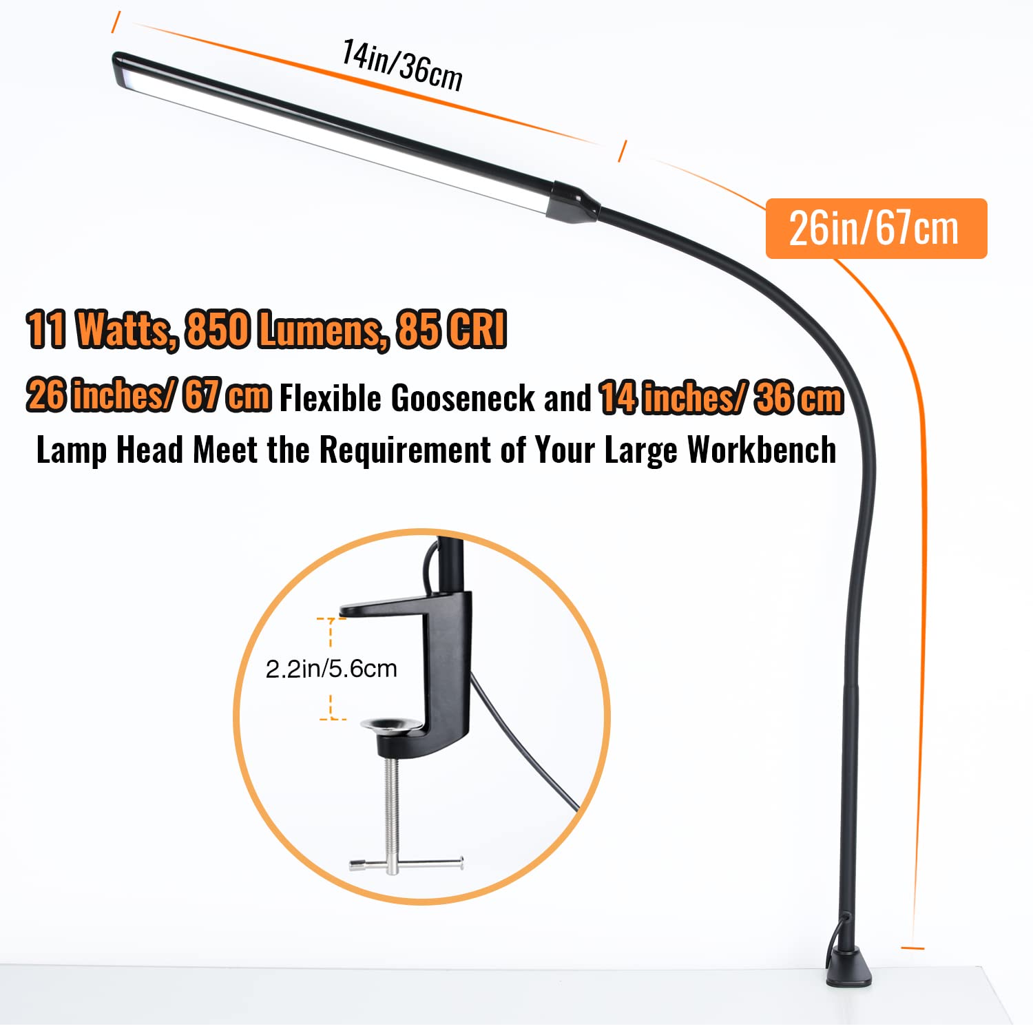 LED Desk Lamp with Clamp - Adjustable Gooseneck Clamp Light, 11W 850 Lumens, 3 Color Modes & 10 Brightness Levels, Eye-Caring Clip-On Desk Lamp for Reading, Studying, Home Office, Dorm Room, and Workspace