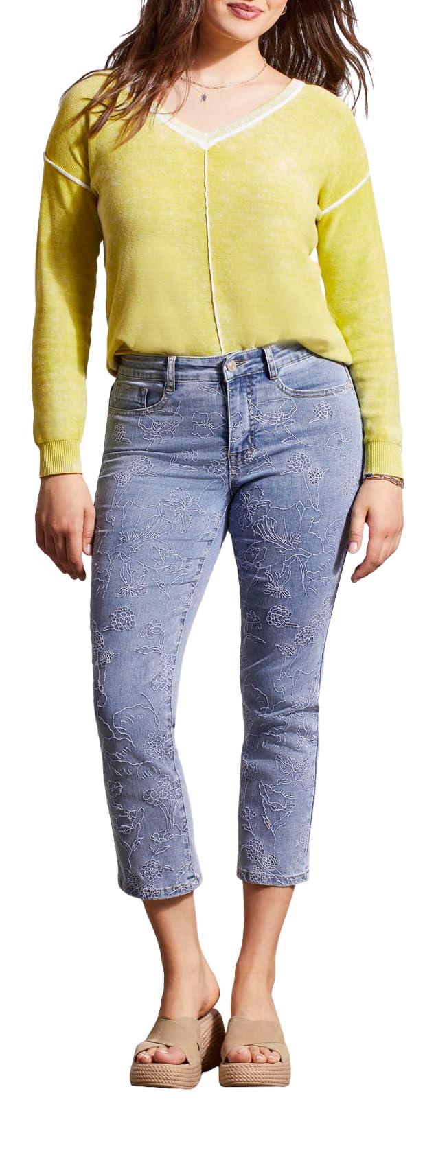 Tribal Women's Audrey Embroidered Straight Crop Jeans - High Waist Distressed Denim Pants for Casual Wear & Boho Fashion
