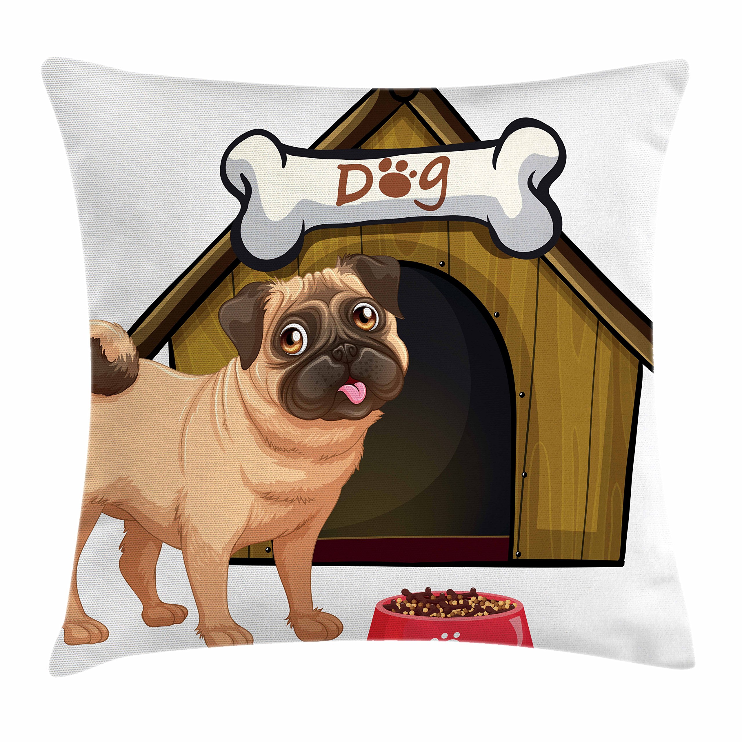Ambesonne Pug Dog Throw Pillow Cover 36x36 Inch - Cartoon Style Pug in Front of Dog House with Food Design - Decorative Square Cushion Case in Pale Coffee Red Sand Brown - Perfect for Living Room, Bedroom, or Pet Lover Gift