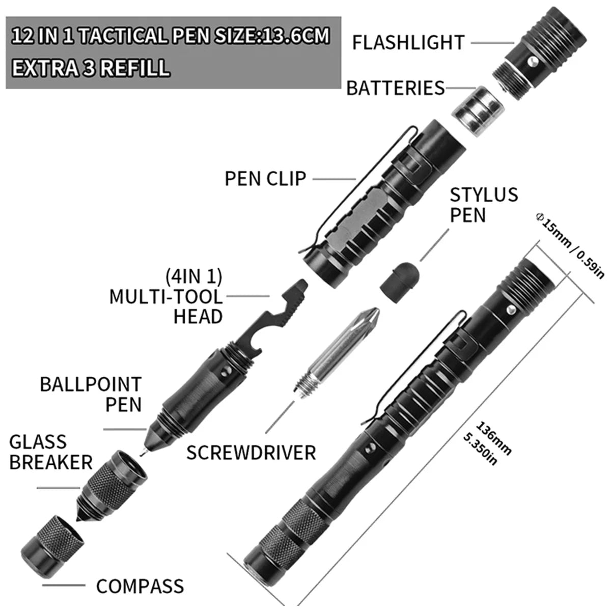 12 in 1 Multi Tool Tactical Pen - Ultimate EDC Survival Gear with Glass Breaker, Screwdriver & Stylus - Perfect for Outdoor Adventures, Emergency Situations & Everyday Carry