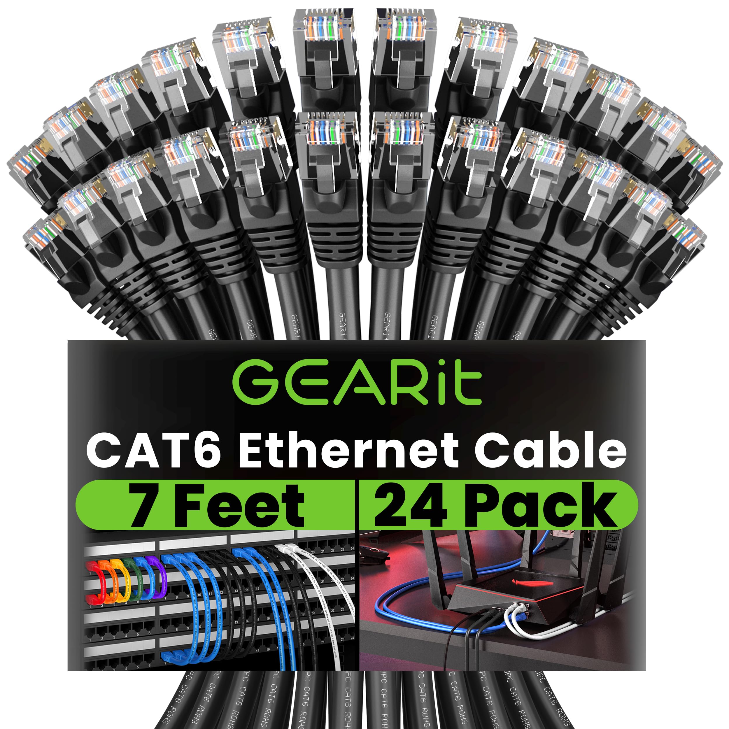 GEARit Cat 6 Ethernet Cable 24-Pack (7 Feet) - 10Gbps High-Speed Internet Cable, Snagless RJ45 Gold-Plated Connectors, Cat6 Network Patch Cord for PC, Laptop, TV, Router, Gaming, Home Office & Data Center - Black