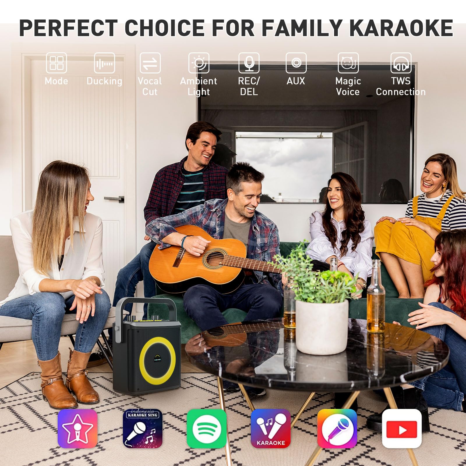 Portable Bluetooth Karaoke Machine with 2 Wireless Microphones & LED Lights - PA System Supports TF Card/USB/AUX - Perfect for Home Parties, Family Gatherings & Kids Entertainment (Black)