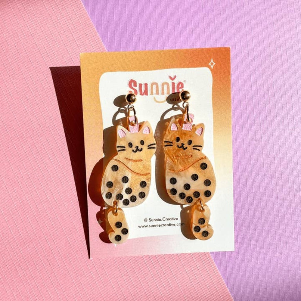 Cute Boba Cat Dangle Acrylic Earrings for Women - Kawaii Animal Jewelry Gift for Cat Lovers - Perfect for Casual Wear, Parties & Everyday Accessories