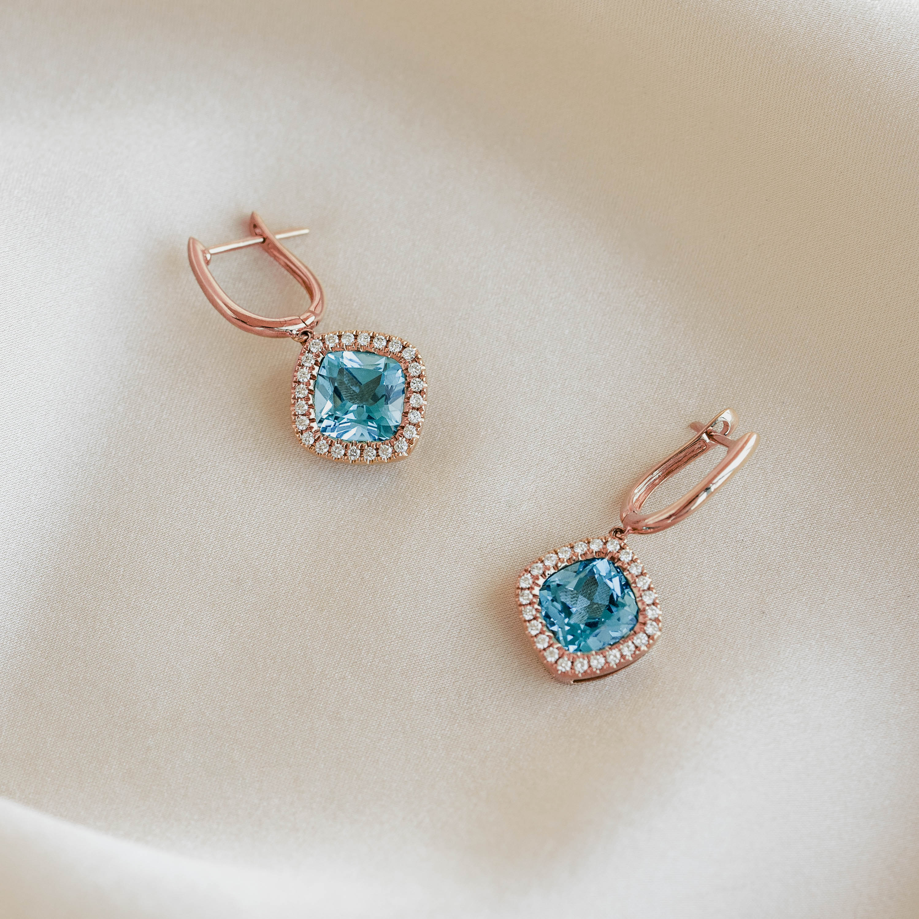 Stunning Swiss Blue Topaz & Diamond Halo Drop Earrings in Rose Gold - Elegant Elvira Design for Weddings, Parties & Special Occasions