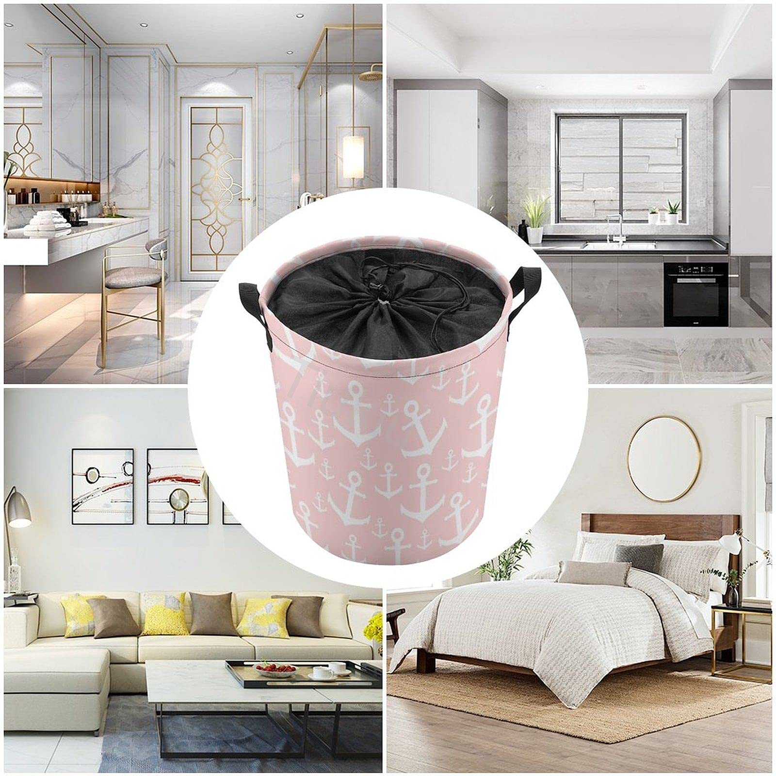 Collapsible Nautical Laundry Basket with Handle - Pink & White Anchor Design for Bedroom, Nursery, Kids