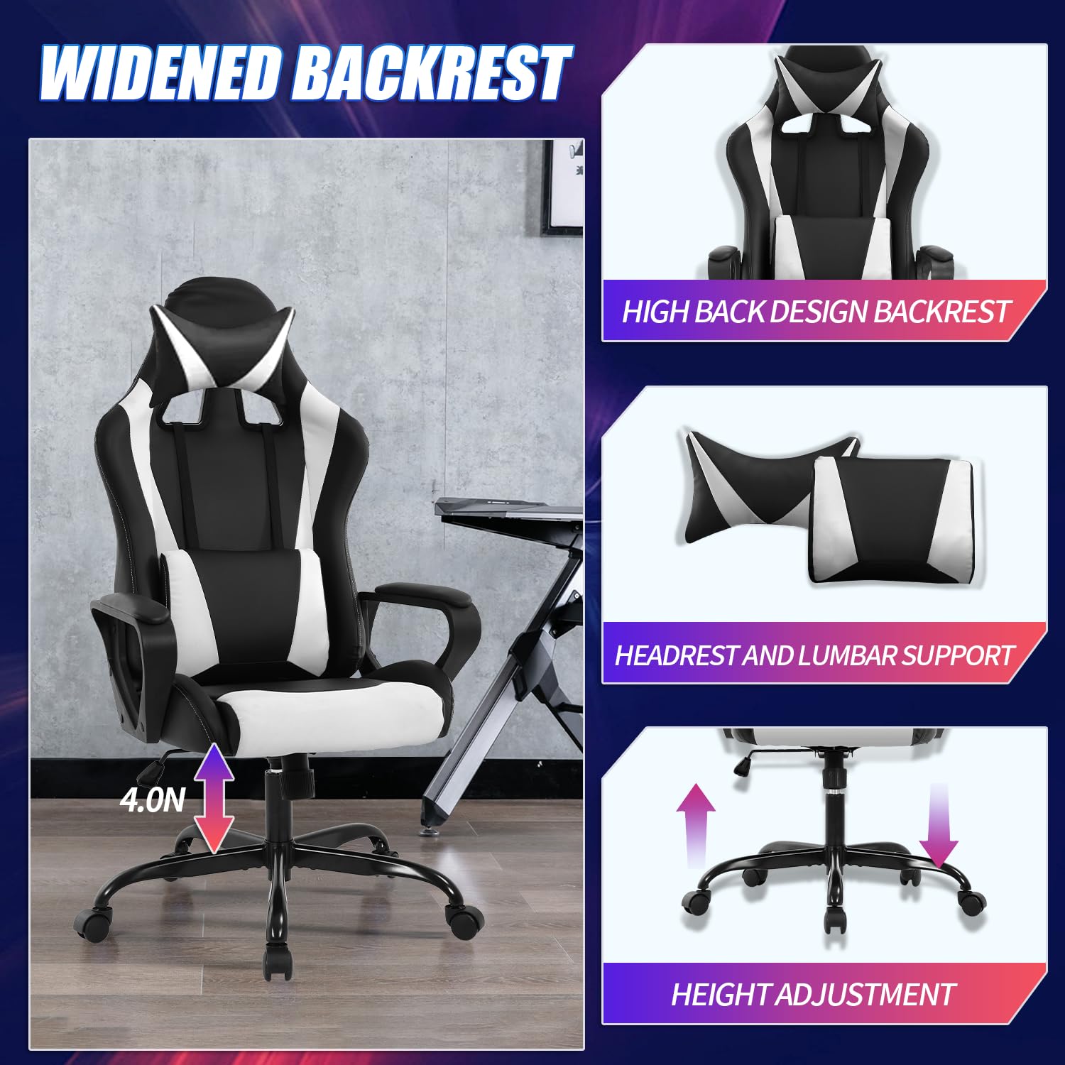 Ergonomic Gaming Chair for Adults & Kids - High Back Office Computer Chair with Adjustable Height, Lumbar Support, Headrest & Reclining Function - Perfect for Gaming, Working & Studying - White