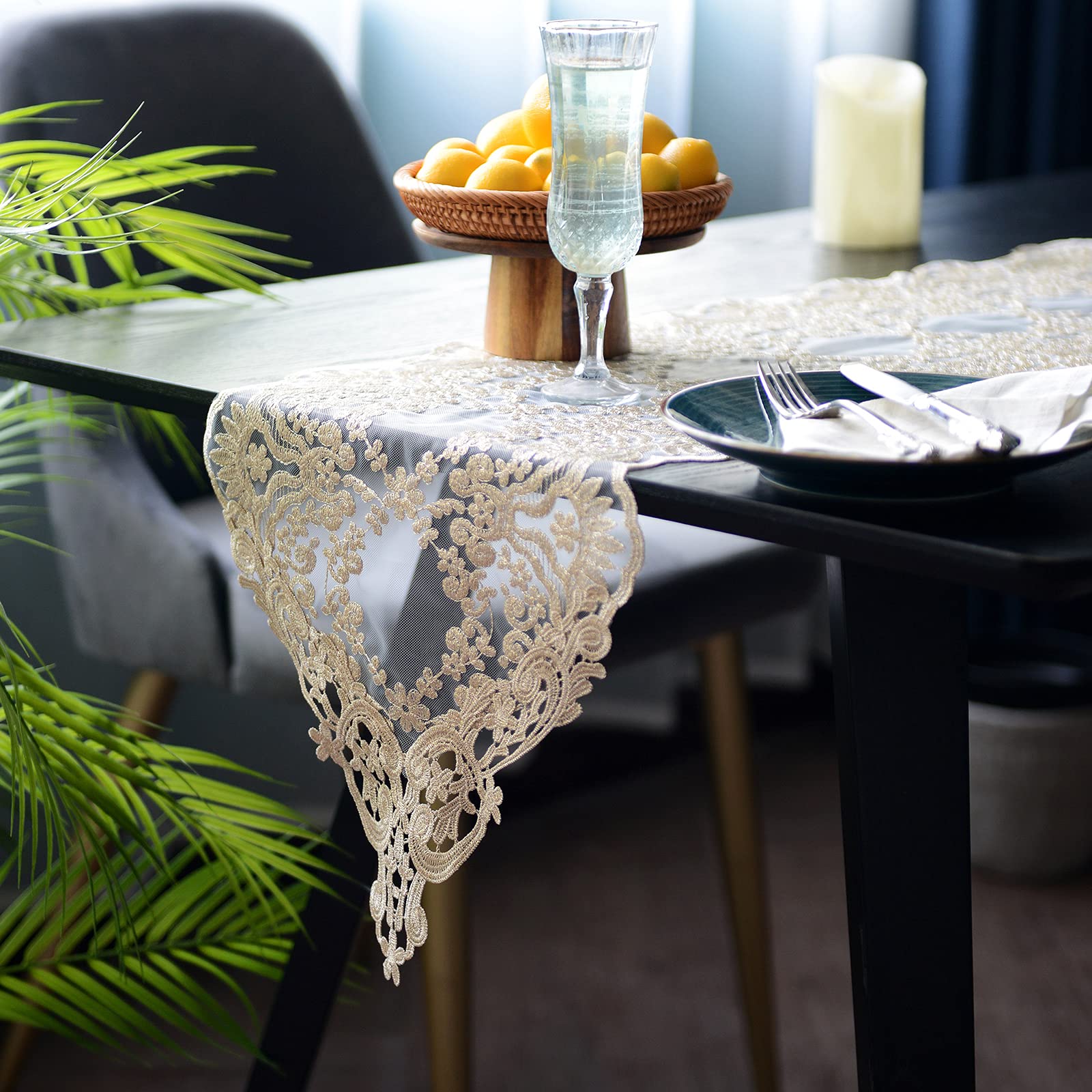 SUTAVIA Embroidered Lace Table Runner for Dining, Wedding & Home Decor (Gold, 12