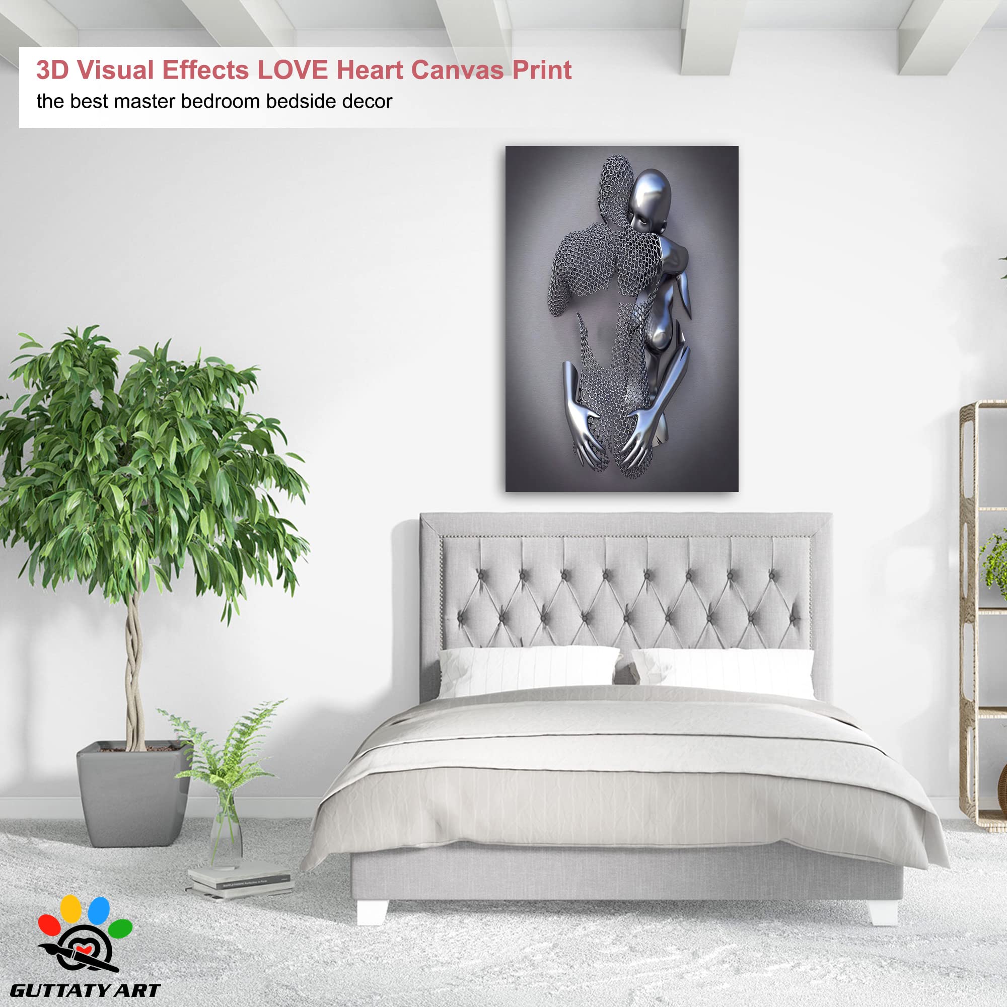 3D Metal Heart Wall Art - Gray Hugging Couple Canvas Painting for Bedroom & Living Room - Valentine's Day Gift for Couples - 32x48 Inches - Perfect Romantic Home Decor for Anniversary, Wedding & Housewarming