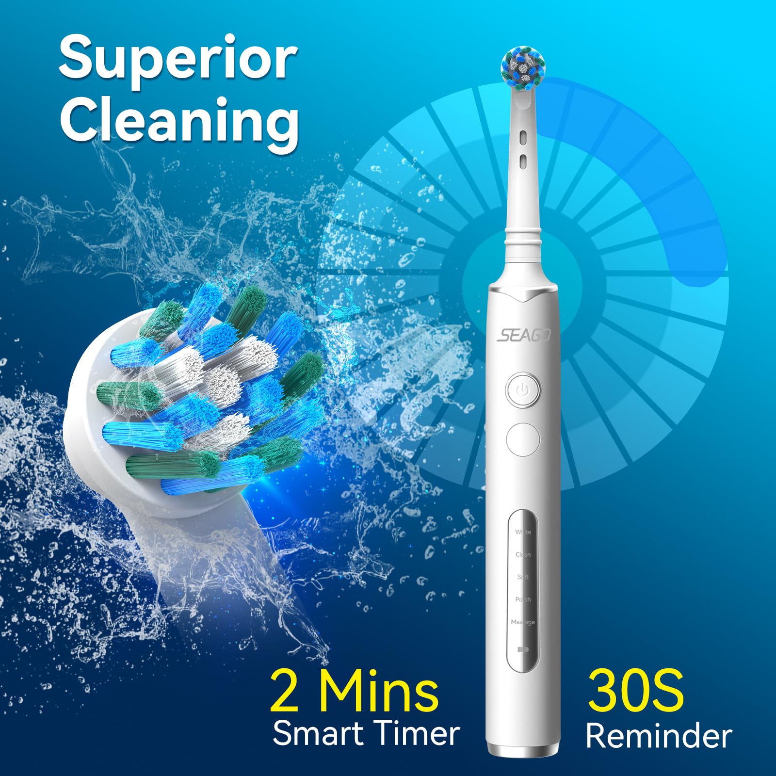 SEAGO Sonic Electric Toothbrush with 8 Replacement Brush Heads & 5 Cleaning Modes - 14 Days Teeth Whitening Technology - Waterproof Rotating Toothbrush for Adults & Kids (White, Model SG-2603) - Perfect for Travel, Home & Daily Oral Care Routine