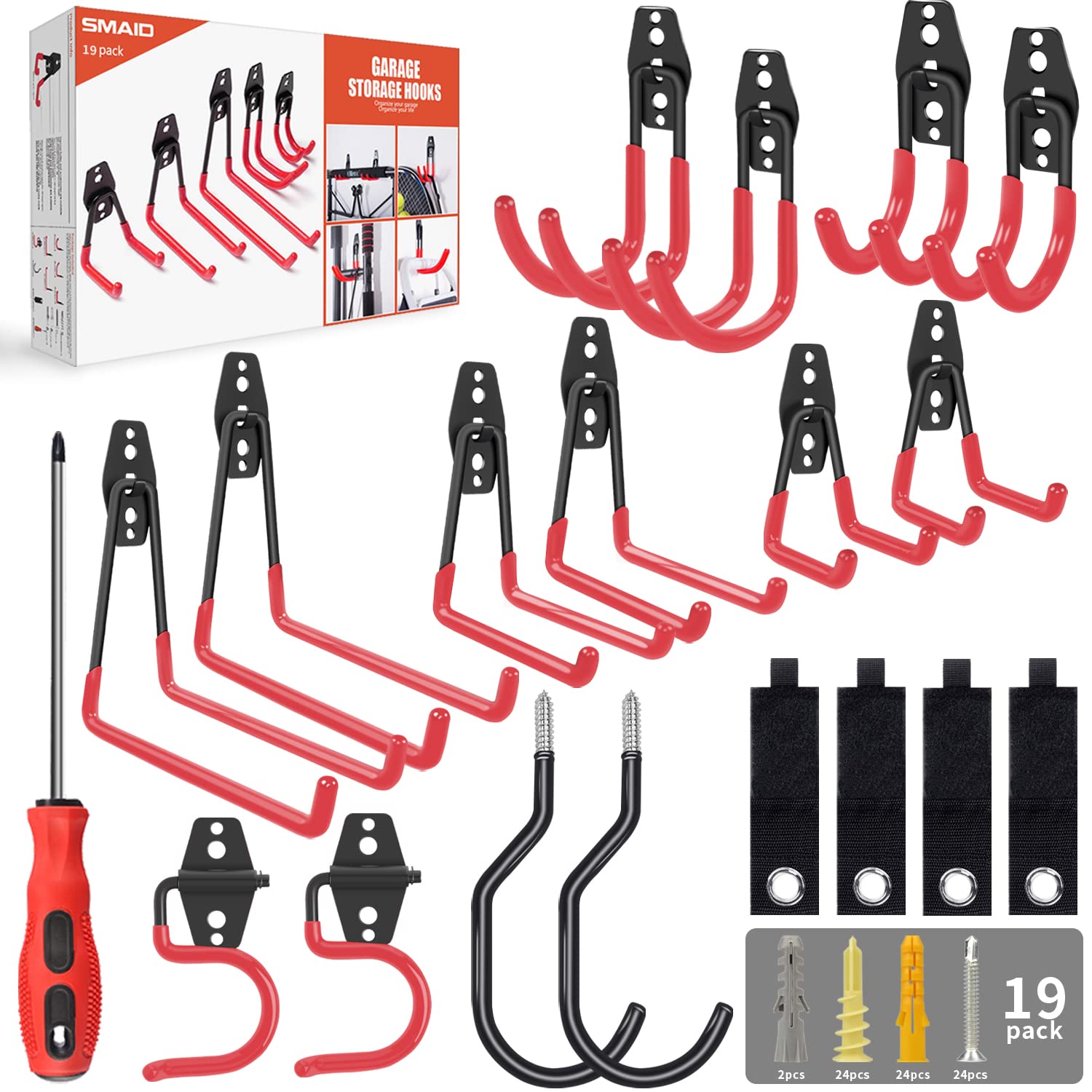 19 Pack Heavy Duty Garage Storage Hooks - Steel Wall Mount Utility Hangers with Anti-Slip Coating for Organizing Garden Tools, Ladders, Bikes & Bulky Items - Perfect for Garage, Shed & Workshop Organization