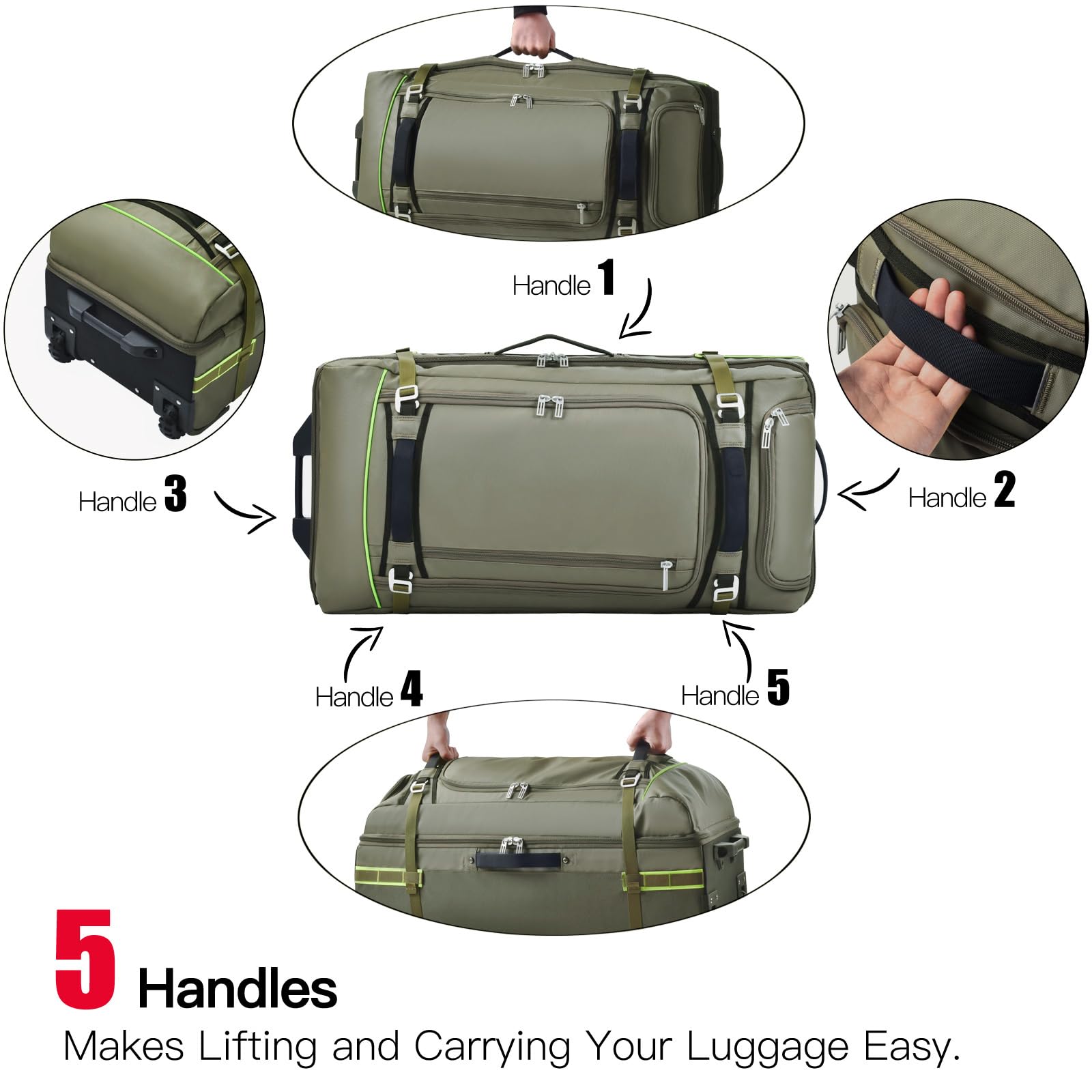 100L Large Rolling Duffle Bag with Wheels & 5 Handles - Heavy-Duty Expandable Travel Duffel with Compression Straps | Perfect for Air Travel, Camping Gear, Gym Equipment & Long Trips