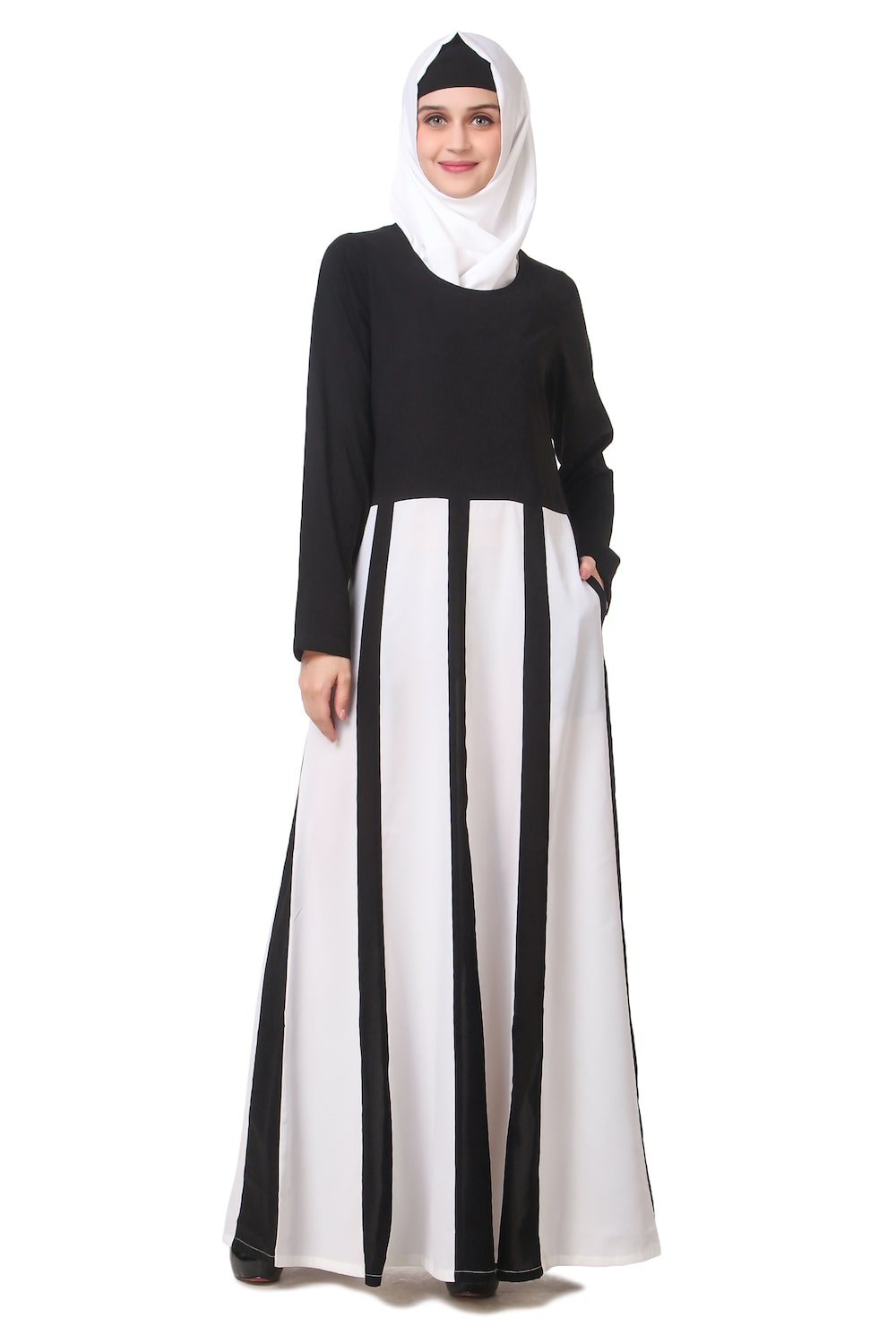 Elegant Black and White Multi-Panel Anarkali Abaya Dress for Women - Perfect for Eid, Weddings & Special Occasions