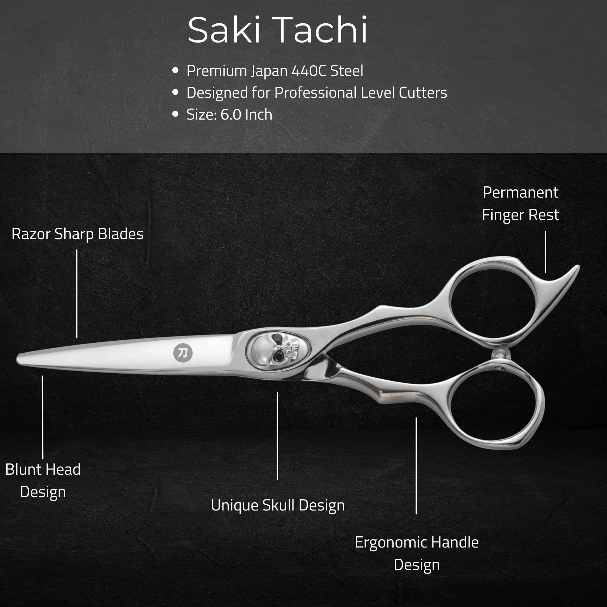 Professional 6 Inch Japanese Steel Barber Shears - Saki Tachi Skull Screw Hair Cutting Scissors for Men & Women - Perfect for Salon, Home Haircuts & Styling